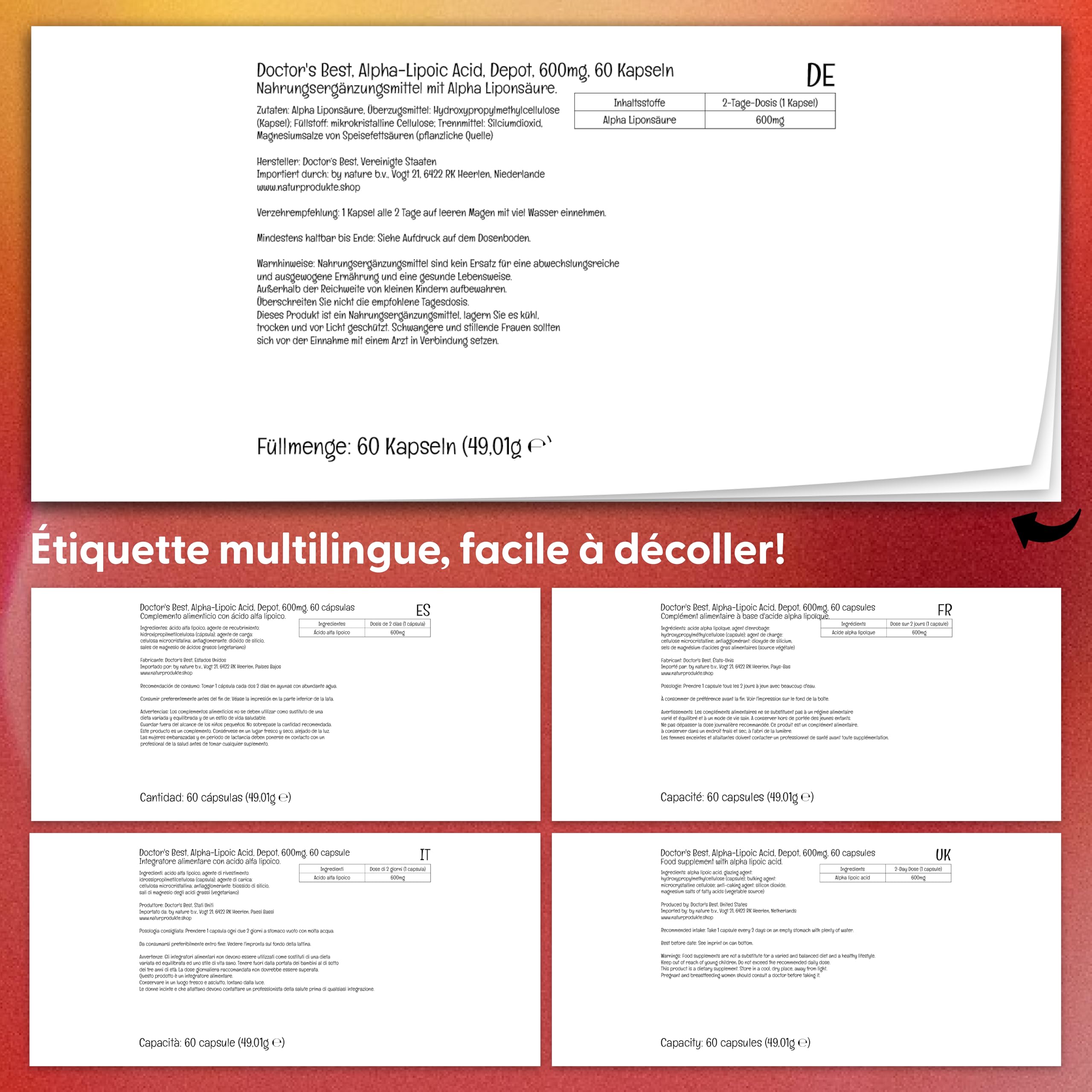 Doctor's Best, Alpha-Lipoic Acid (Acide Lipoïque Alpha), 600 mg de Dépôt, Dose de 2 Jours, 60 Gélules végétaliennes, Hautement Dosé, Testé en Laboratoire, Sans OGM, Sans Gluten