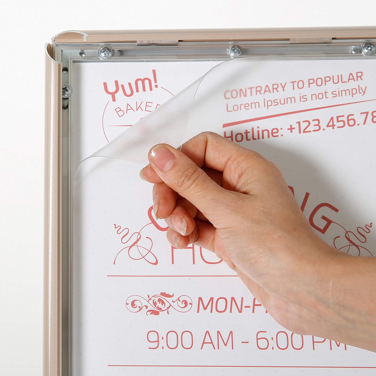 M&T Displays Curved Menu Board, 8.5x11 Inch Pedestal Sign Holder with 8.5x11 Inch Brochure Holder Pale Rose Floor Standing Aluminum Front Loading Easy Open Poster Message... - Image 6