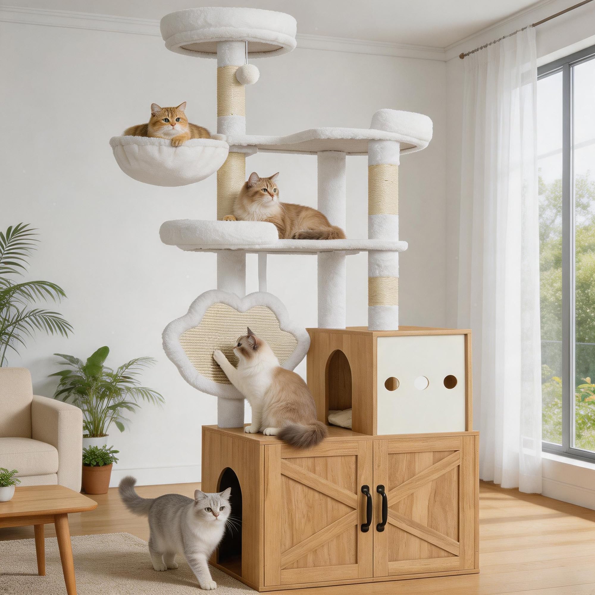 Heybly Kratzbaum mit Katzentoilette Versteck, 162 cm Katzenbaum für Wohnungskatzen, moderner Katzenkratzbaum aus Holz mit Katzenhaus, Liegeflächen, Kratzbrett, Spielzeug, Eiche Weiß HCT105BT