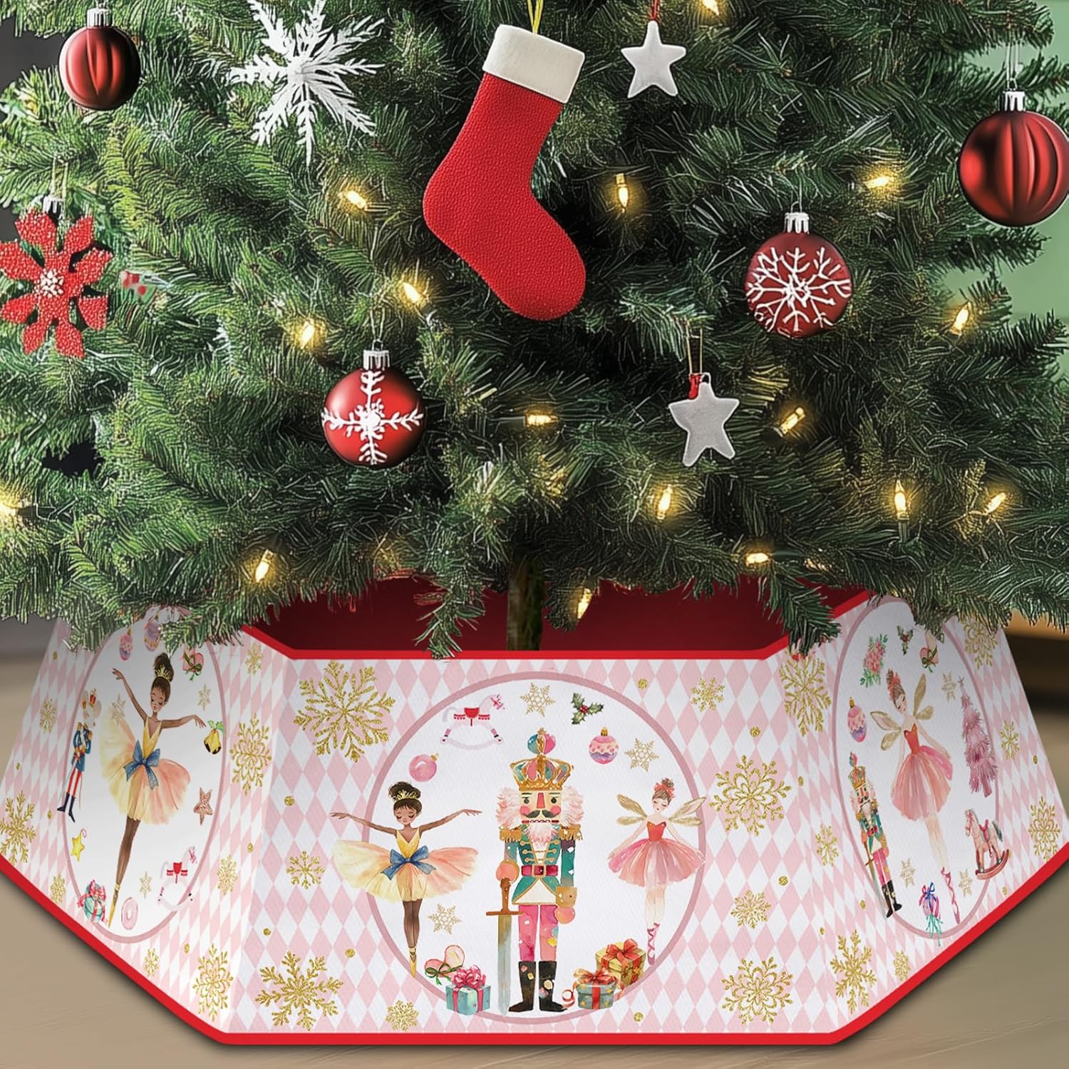 Christmas Tree Collar for Artificial Trees, Pink Nutcracker Christmas Decoration Gift, Fabric Hexagonal Base Tree Collar Skirt for Xmas Tree Decorations Holiday Party