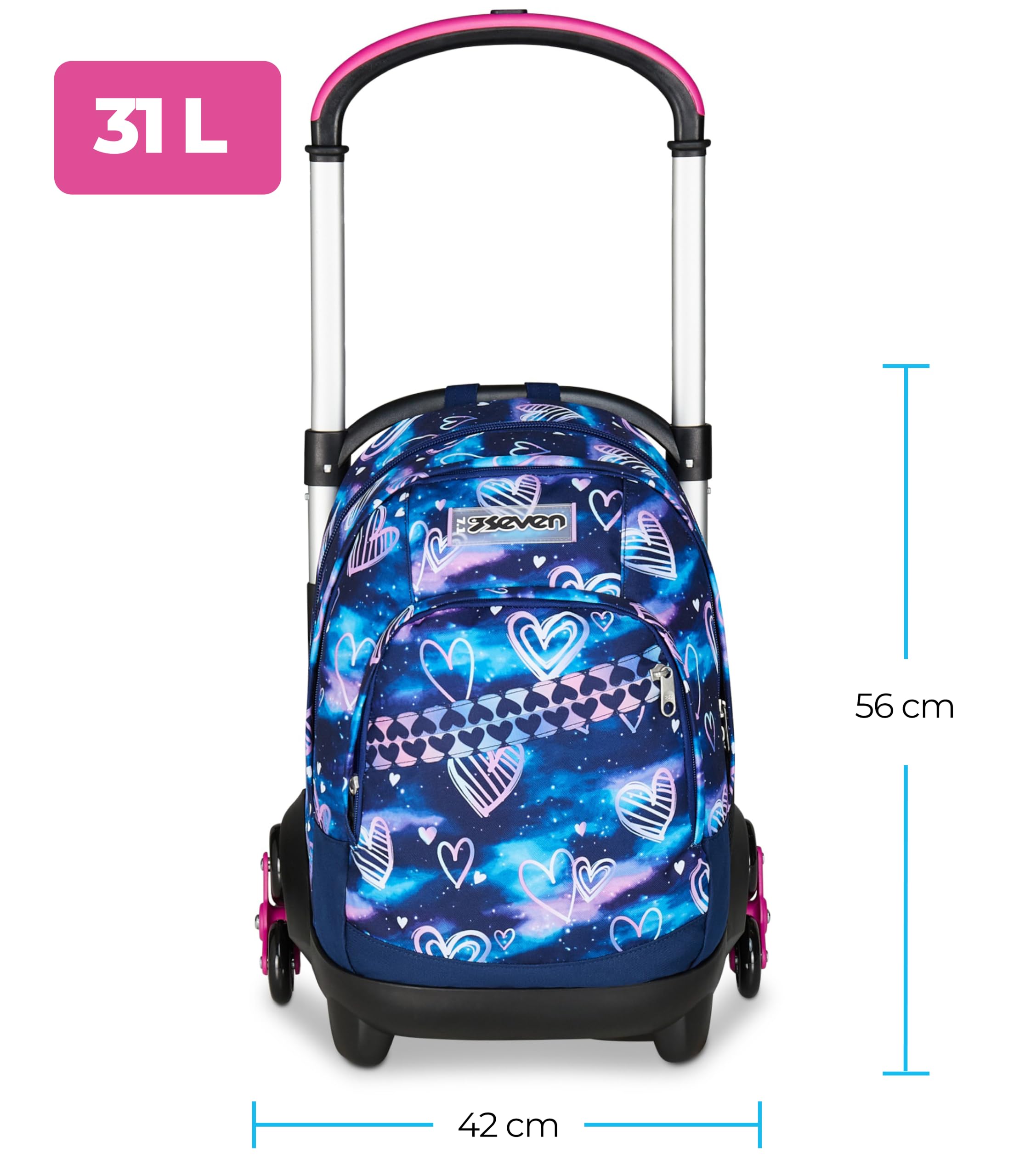 Seven Zaino Trolley Scuola Elementare Bambina 3 ruote, Zaino Sganciabile, Doppio Uso, Spallacci a Scomparsa, viola rosa