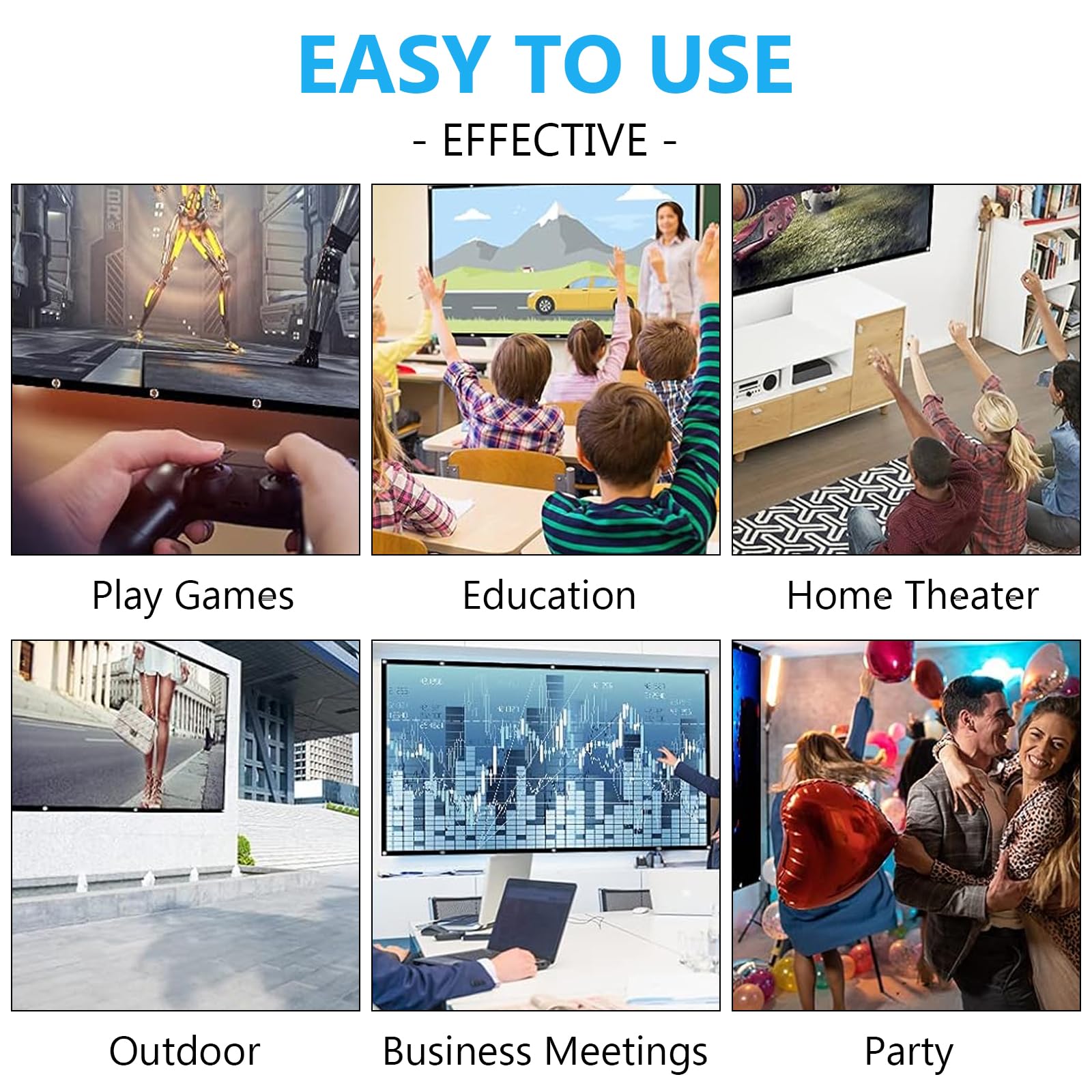 Écran de projection 120" 16:9 HD pour extérieur, toile de projection portable pliable avec crochet et corde pour la maison, l'école, les réunions, le camping, le home cinéma