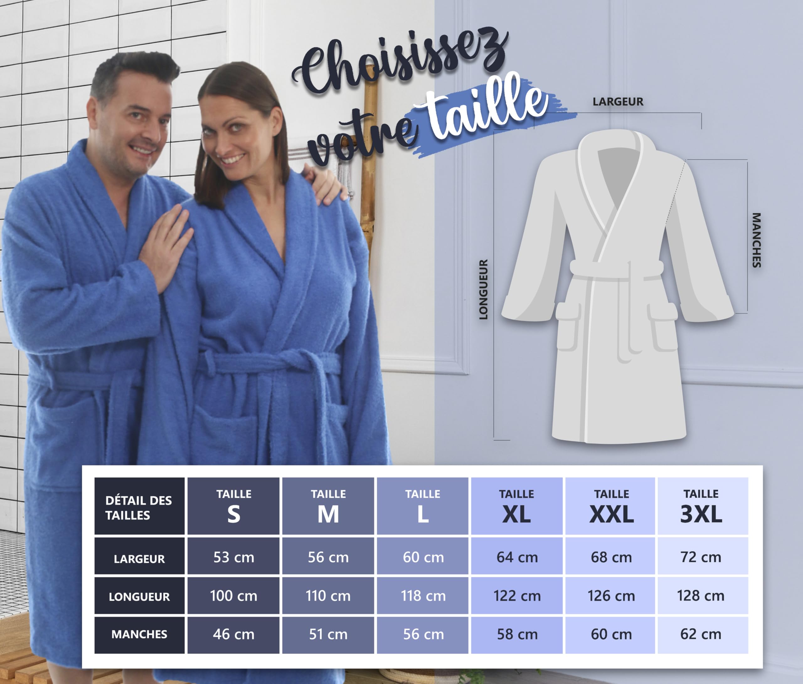 LEBENGOOD Peignoir pour femme et homme, 100% coton éponge américain, 400 g, avec ceinture, poches, peignoir doux, serviette de douche