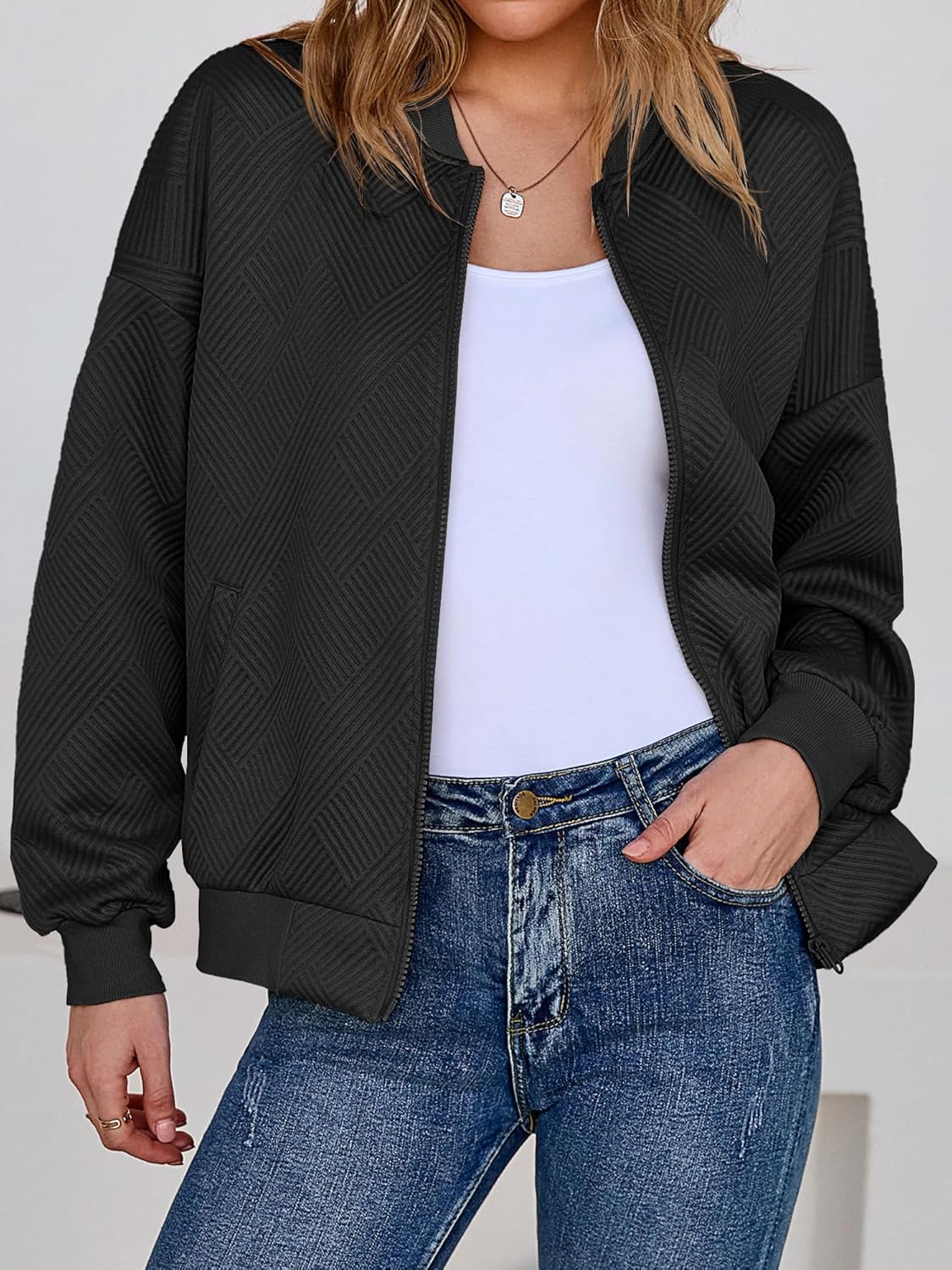 Tankaneo Womens Bomber Jacket Zip Up Casual Jackets Lightweight Trendy Outerwear Coat with Pockets - Image 2