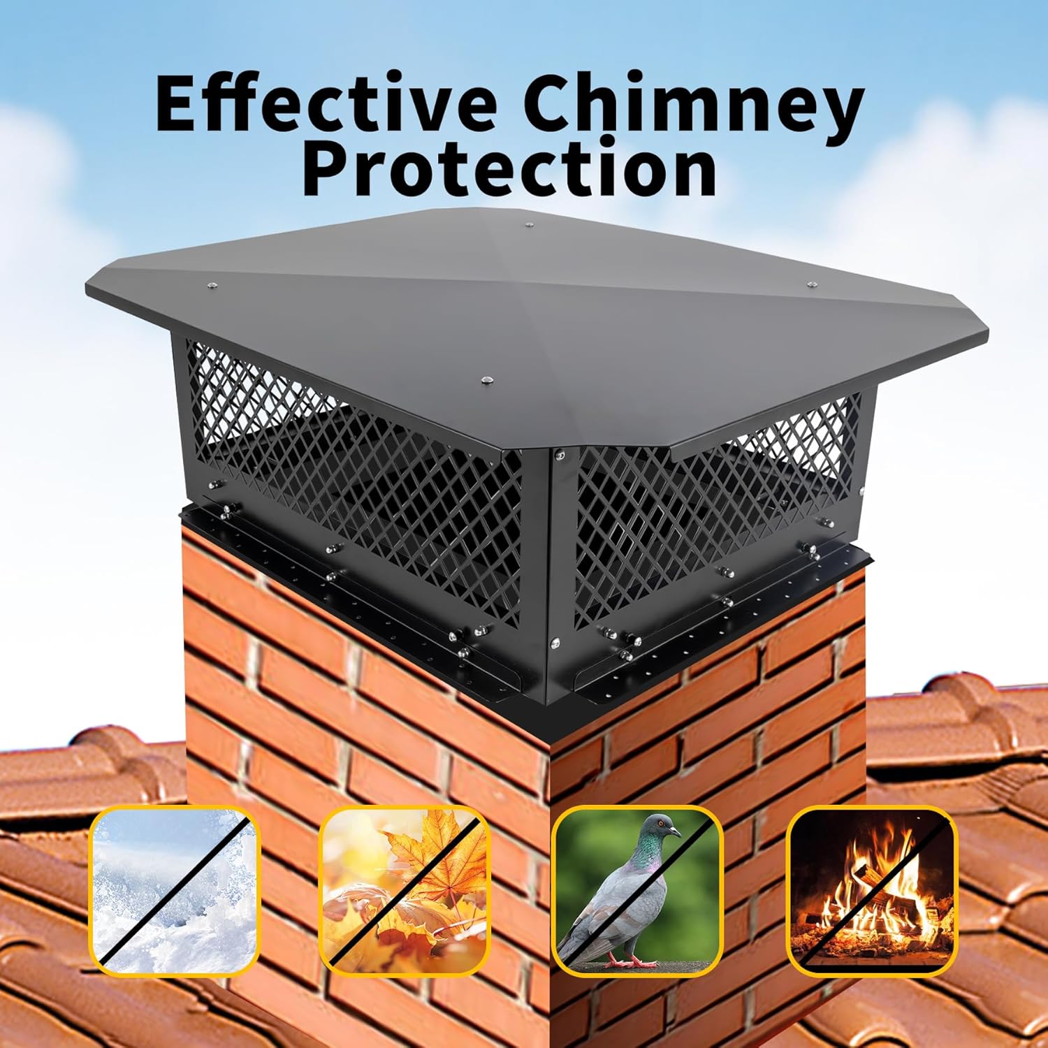 Chimney Cap, 18" X 22" Chimney Cover, Black Chimney Caps for Outside, Roof Chimney Cover Rain Caps, Fireplace Chimney Caps for Outside,Adjustable Bottom Galvanized Steel Vent Cap