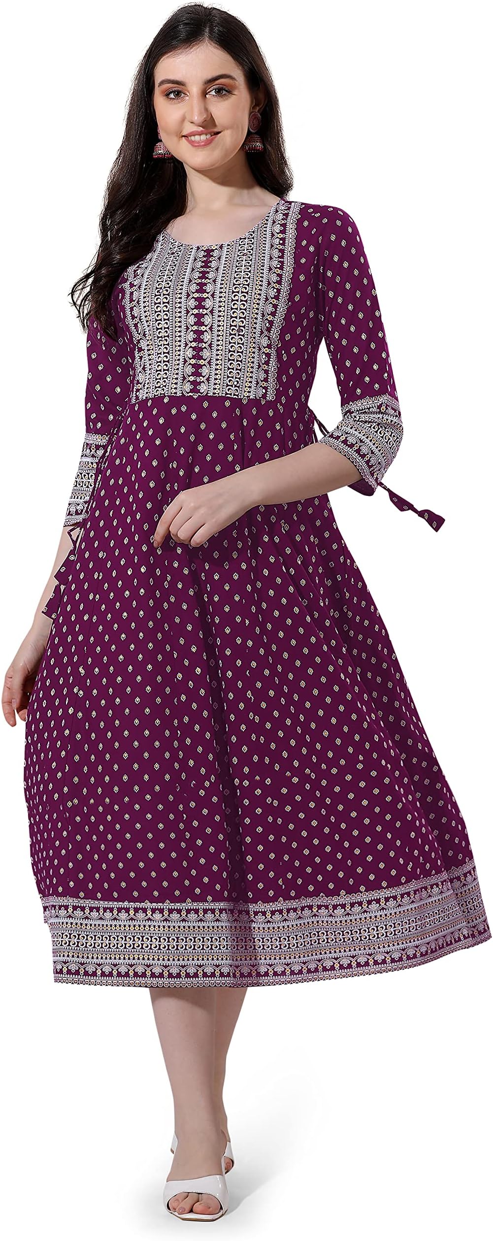 MIRCHI FASHION Women's Cotton Relaxed Fit A Line Sequins Embroidery Work Foil Printed A-Line Kurti Only