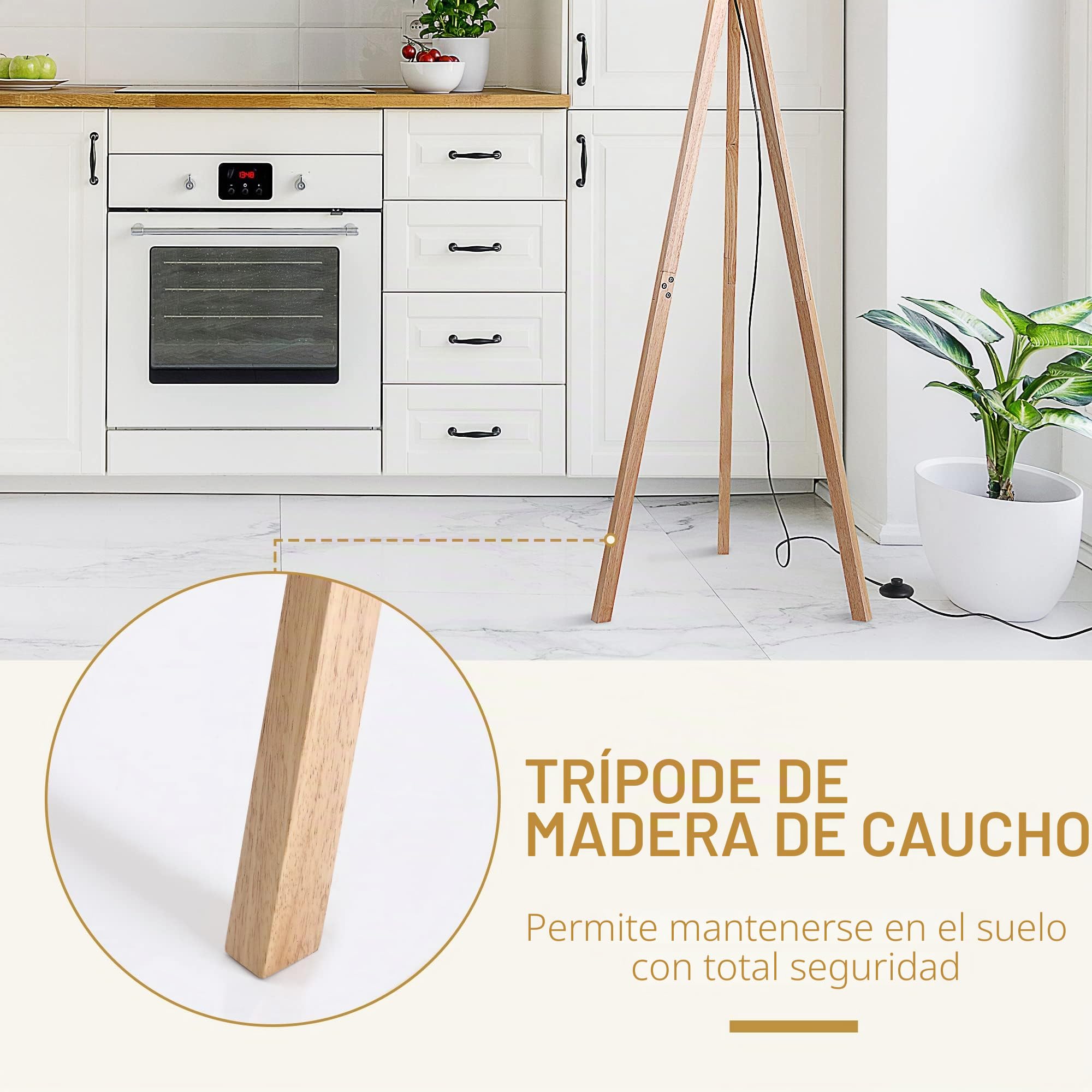 HOMCOM - Lámpara de pie trípode estilo escandinavo (40 W, máx. Dom. 45 x 45 x 152 cm. Madera de pino lino beige