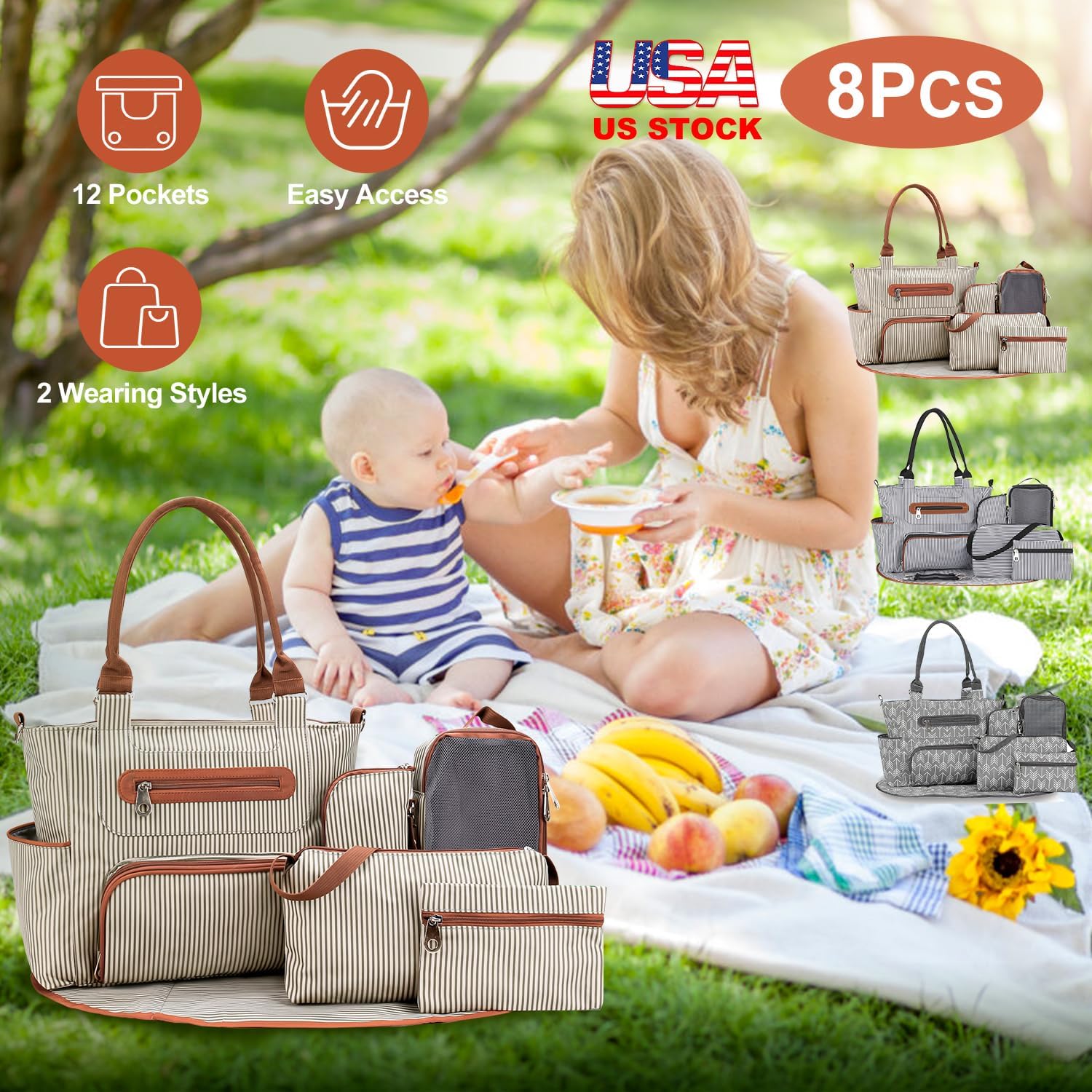 TeqHome 8Pcs Diaper Bag Tote Set, Baby Diaper Tote Bags Travel Mommy Bag with Pacifier Case,Portable Changing Pad,for Mom Dad