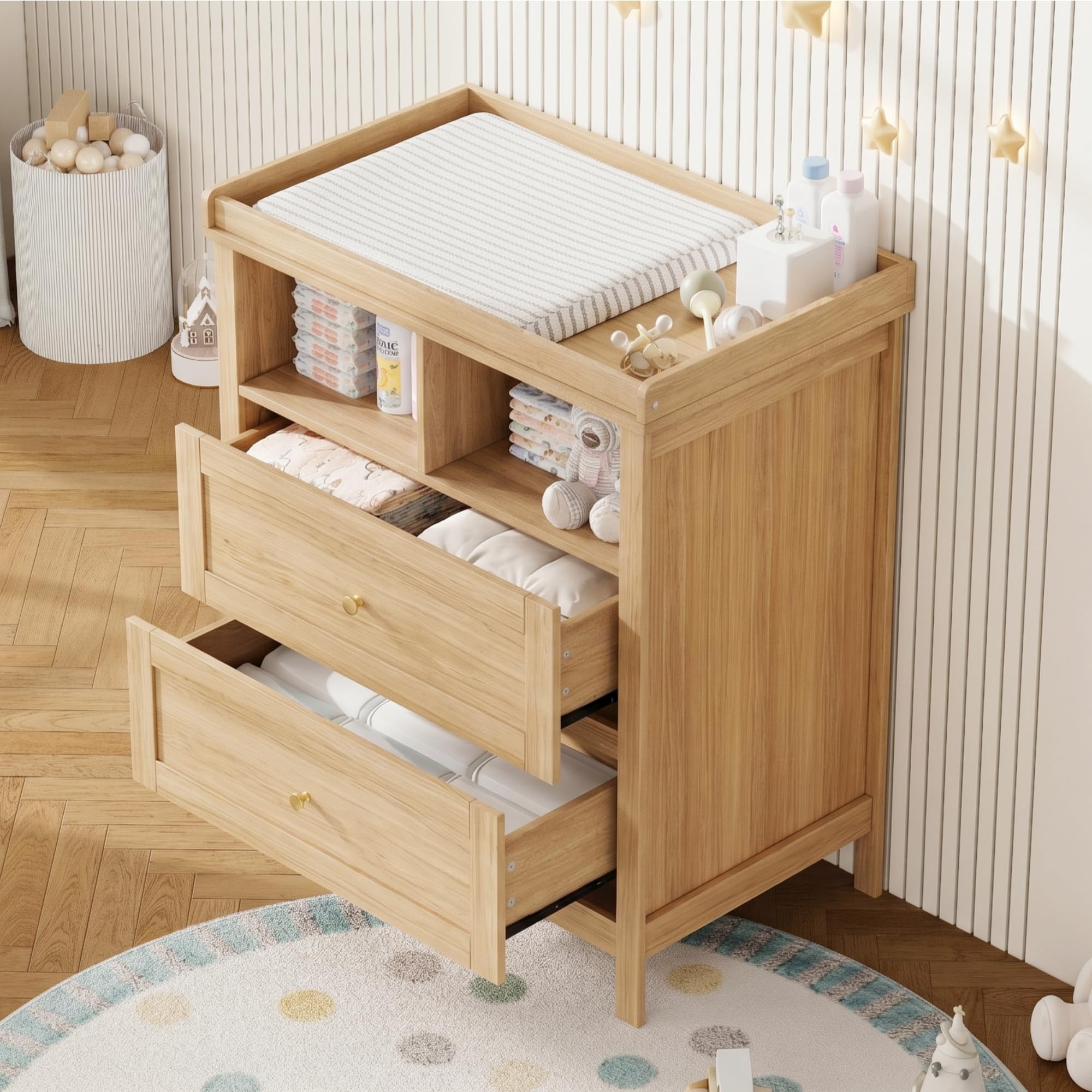 Merax Fasciatoio con fasciatoio multifunzione, fasciatoio per bambini con fasciatoio rimovibile, cassettiera con cassetti e spazio portaoggetti, fasciatoio convertibile, effetto legno, 82 x 50 x 90 cm
