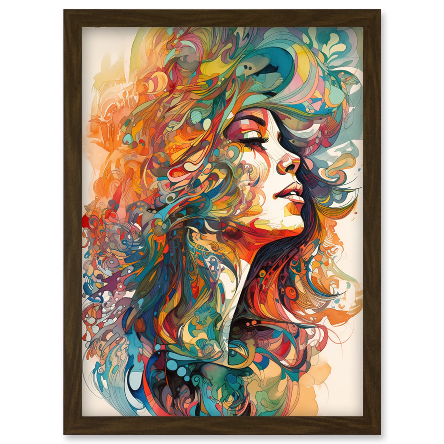 Artery8 Iris Goddess of Rainbows Multicoloured Flowing Hair Deity Portrait Modern Watercolour Illustration Artwork Framed Wall Art Print A4