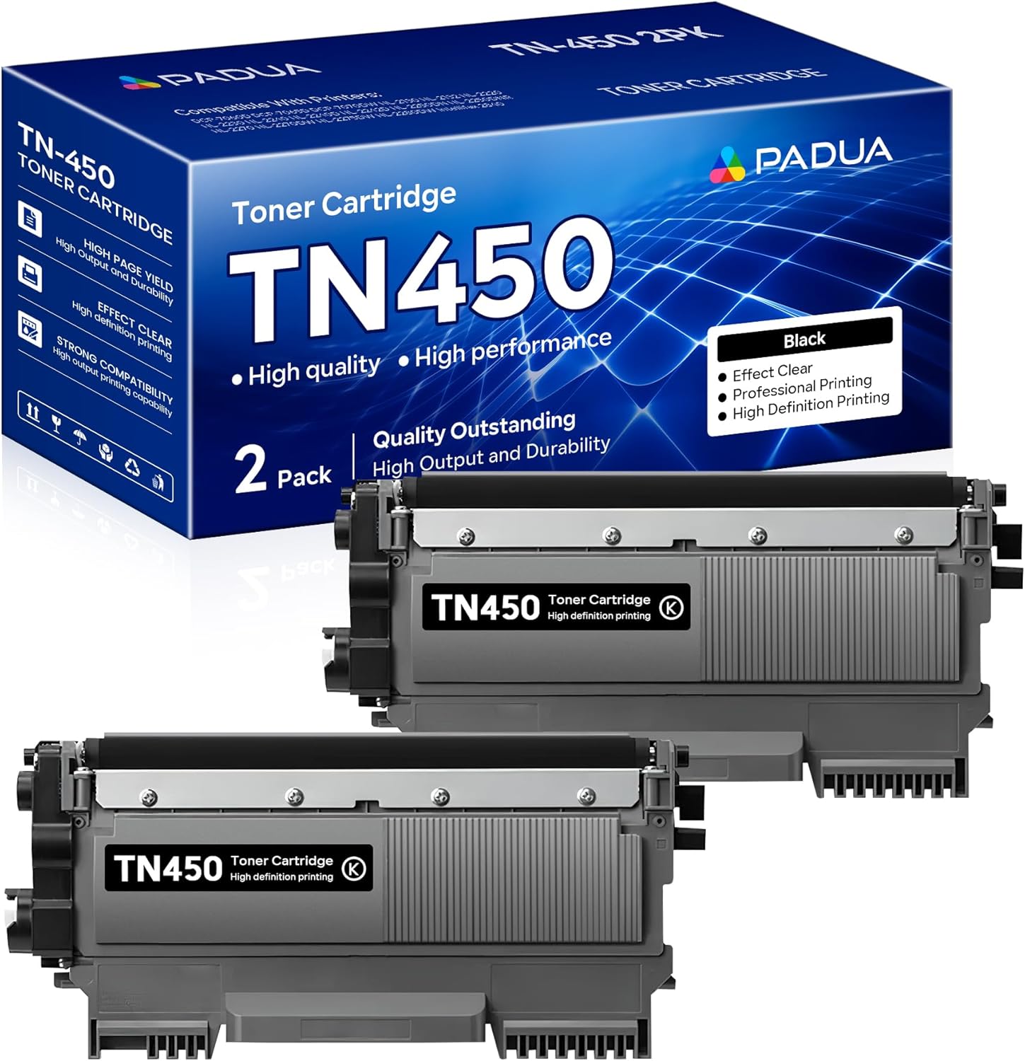 TN-450 TN450 Black High Yield Toner Cartridge Replacement for Brother TN450 TN 450 HL-2240 HL-2270DW HL-2280DW MFC-7360N MFC-7460DN MFC-7860DW IntelliFax 2840 2940 Printer (2 Pack)