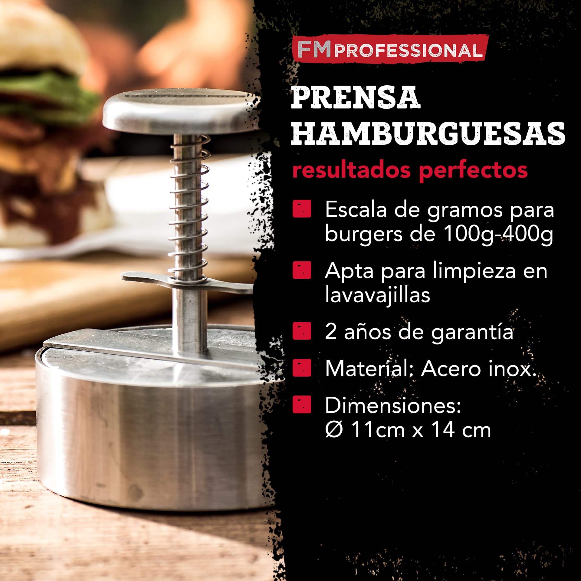 FM Professional Prensa Hamburguesas Profesional XXL Molde de gran tamaño en Acero Inoxidable para Carne, Pescado, Burger Vegana, Filetes Rusos Apta para lavavajillas, 14x11,5cm, 1 ud.