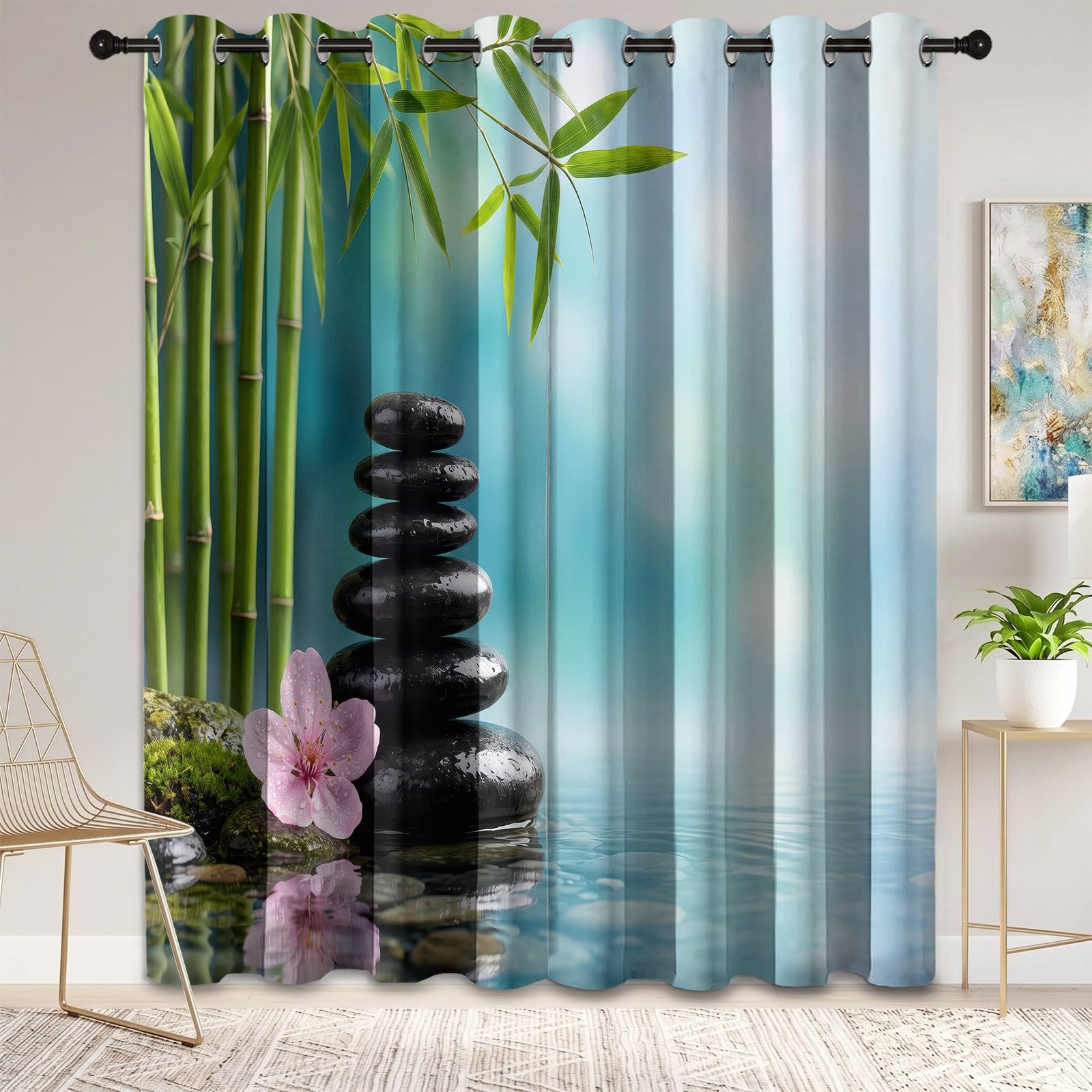 Natürlich Lässiger Stil Verdunkelungsvorhänge, H200 x B70 cm Bambus Blumen Kirschblüten Kieselsteine Wasseroberfläche Vorhänge Ösen 2er Set Schlafzimmer, Blau Raumverdunkelung Vorhänge für Wohnzimmer