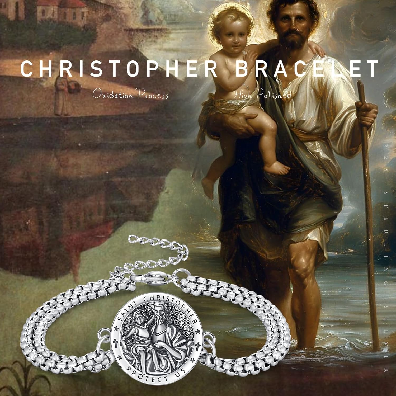 St Michael/Christopher Bracelet for Men Women 925 Sterling Silver Archangel Patron Saint Bracelet Religious Protector Birthday Jewelry Gift for Men Women Stainless Steel chain 7+2 Inch