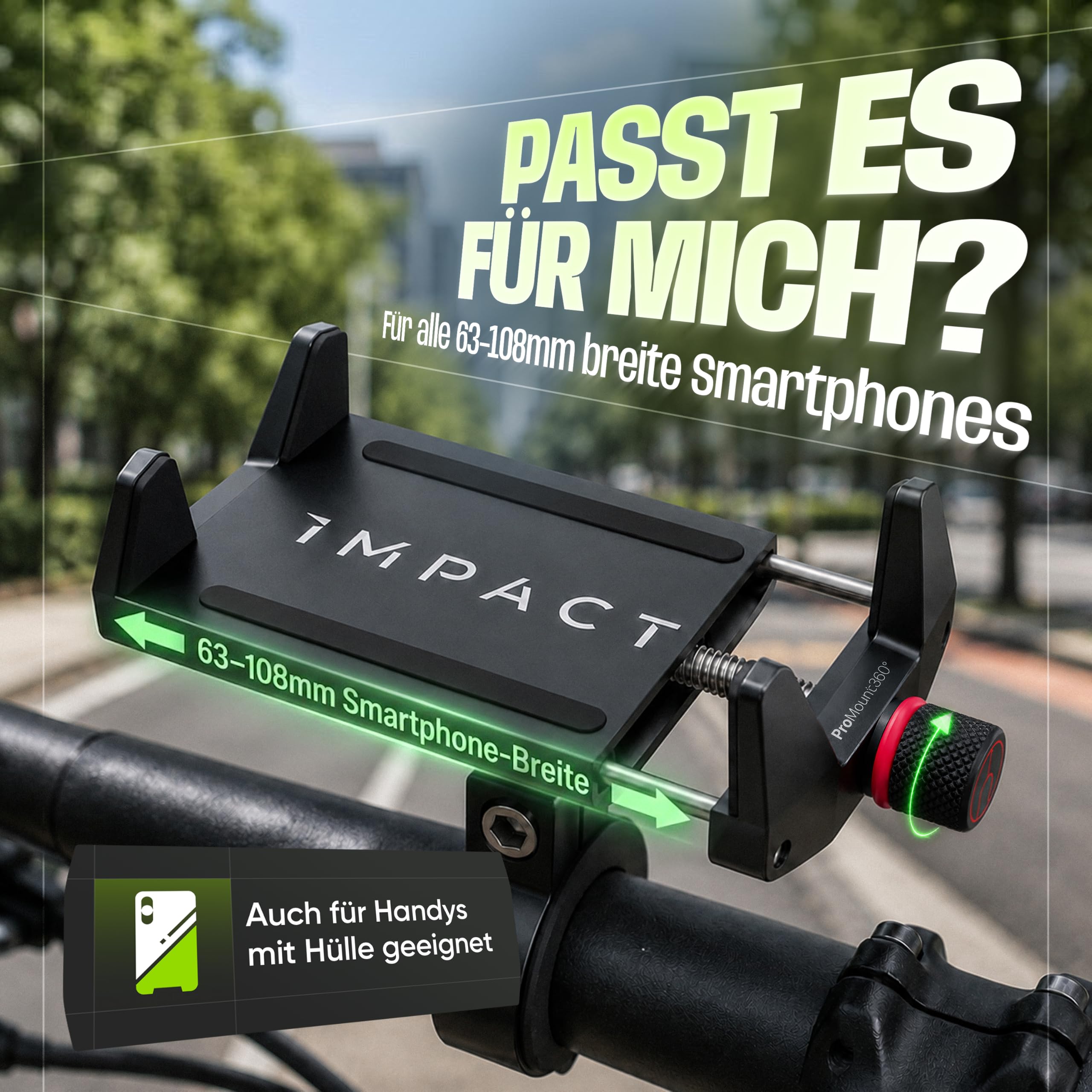 Impact® Pro Mount 360° - Handyhalterung Fahrrad [Smartphone KOMPATIBEL 4-7 Zoll] - Handyhalter Fahrrad - Handyhalterung für Fahrrad Lenker mit Kugelgelenk & Sicherheitsgummi - iPhone 14 15 Pro Max