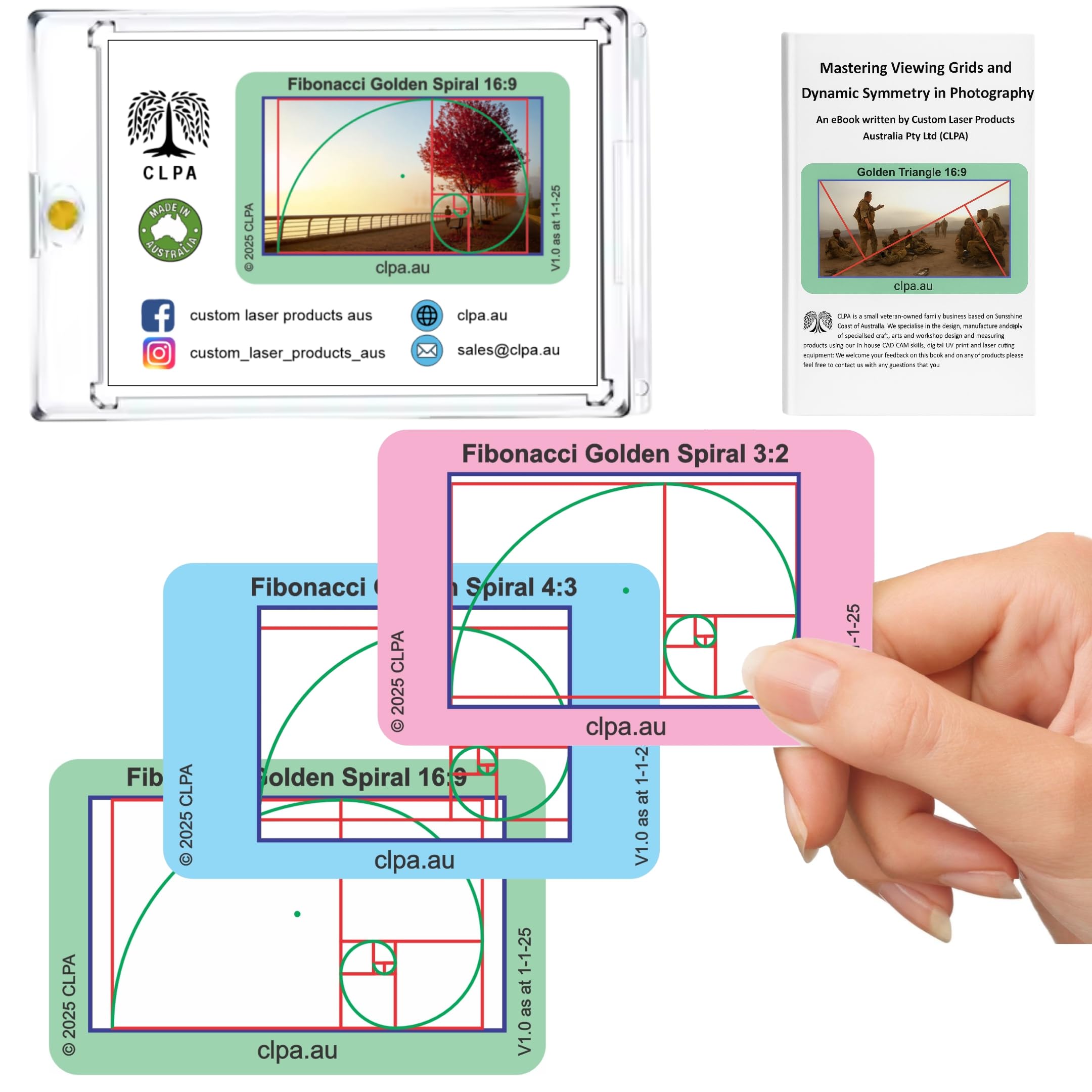 Fibonacci Golden Spiral Directors Viewfinder Card | Australian Designed and Made; Artist Viewfinder for Drawing and Photography; 3:2, 4:3 and 16:9