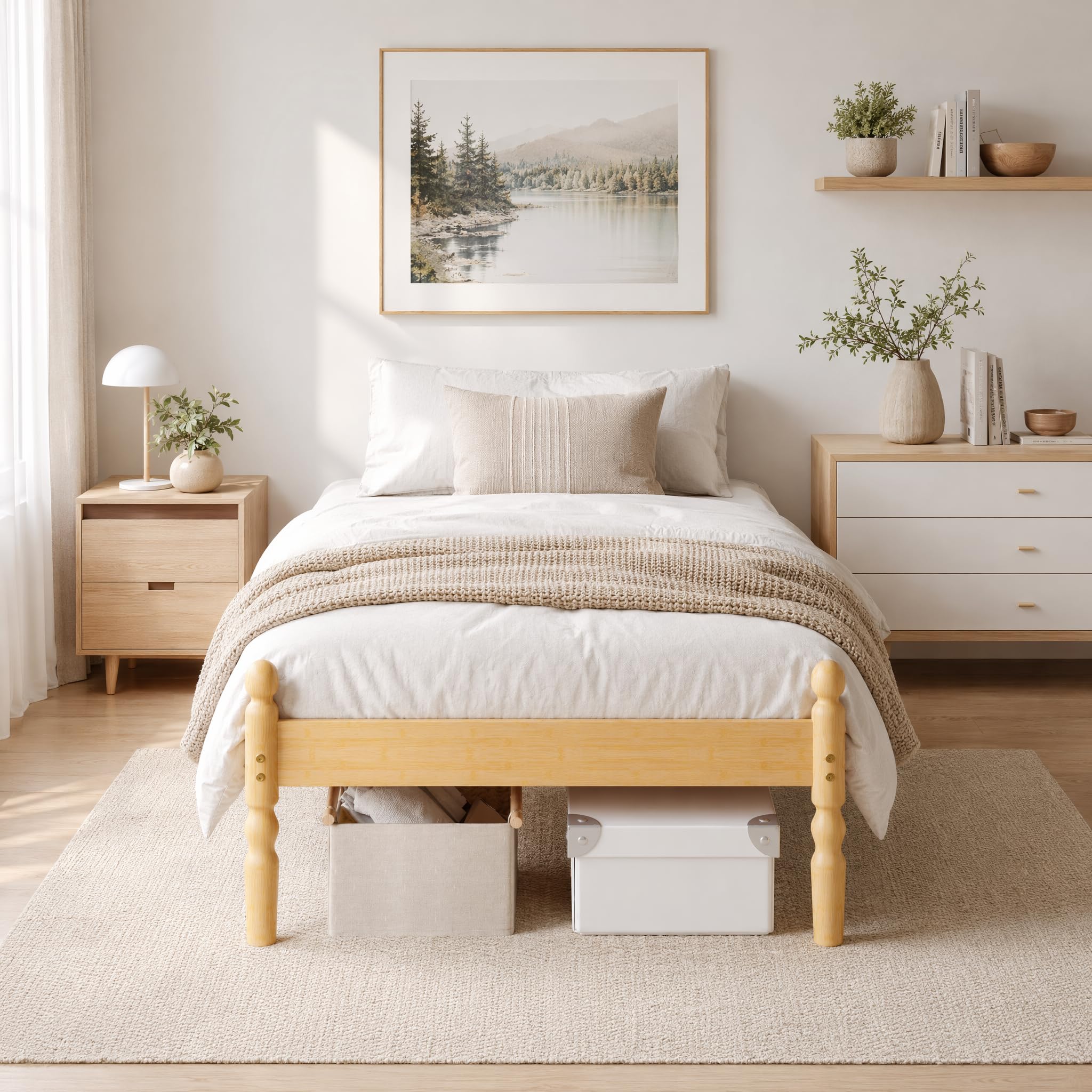 APEXTELLA HOME Single Bed Frame 14-inch Natural Bamboo Wood Platform Bed with Metal Slats Support and Mattress Slide Stopper, Underbed Storage Space, Noise-Free, Easy Assembly, Eco-friendly Materials