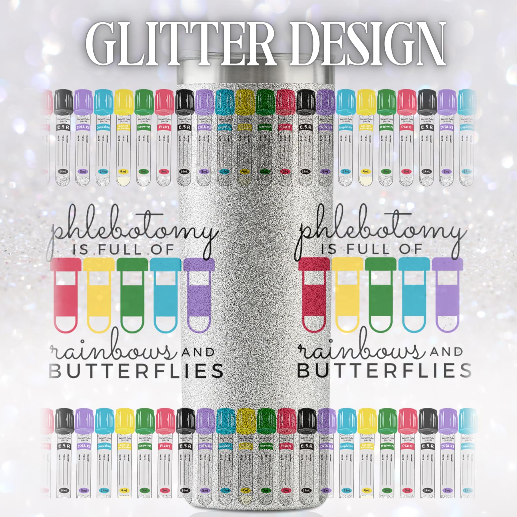 Onebttl Nurse Gifts for Women - Phlebotomy Gifts - Phlebotomist Graduation Gifts - Nurse Week Day Gifts - Phlebotomy is Full of Rainbows and Butterflies, 20oz Glitter Insulated Tumbler Cup with Straw