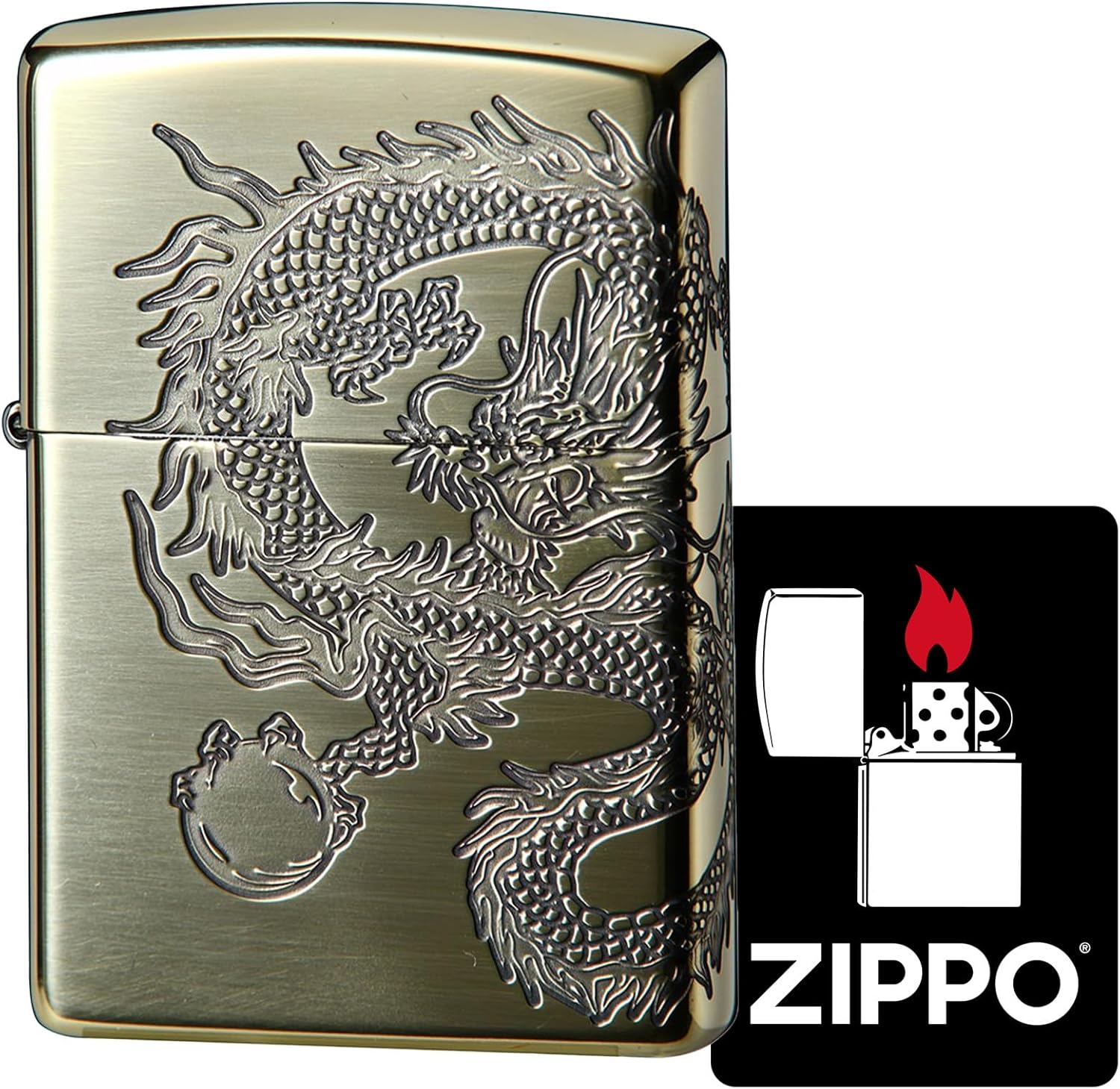 Zippo 2BI-DR3 Windproof, Brass Lighter, Dragon, Double Sided Continuous Processing, Dragon, Brass Plating, Oxidized Finish, Includes Special Stickers, Gold