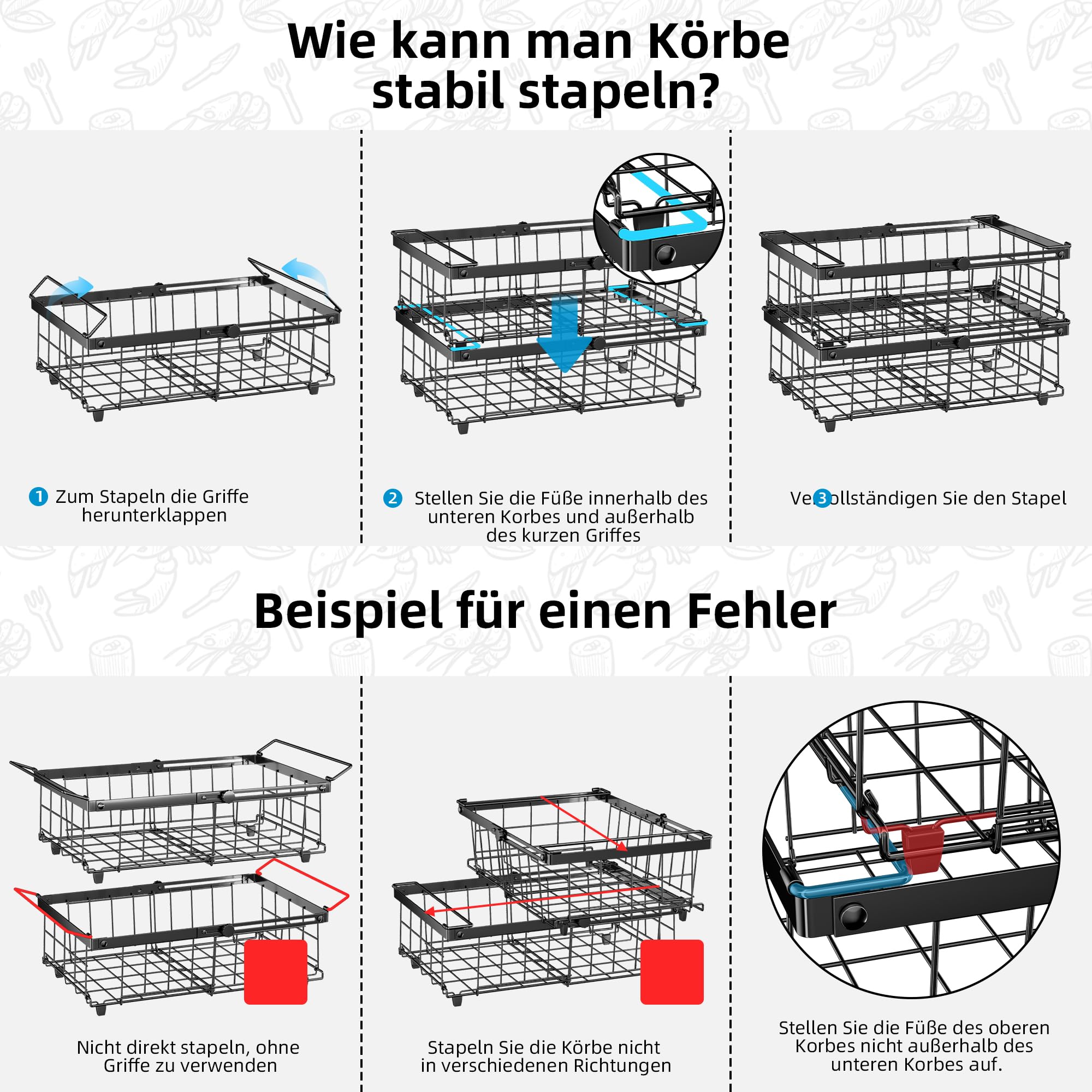 4er Stapelbar Gefriertruhe korb,gefriertruhe organizer verstellbar,gefrierschrank organizer,stapelkörbe,Schwarz, Ausziehbare Länge 29-46CM