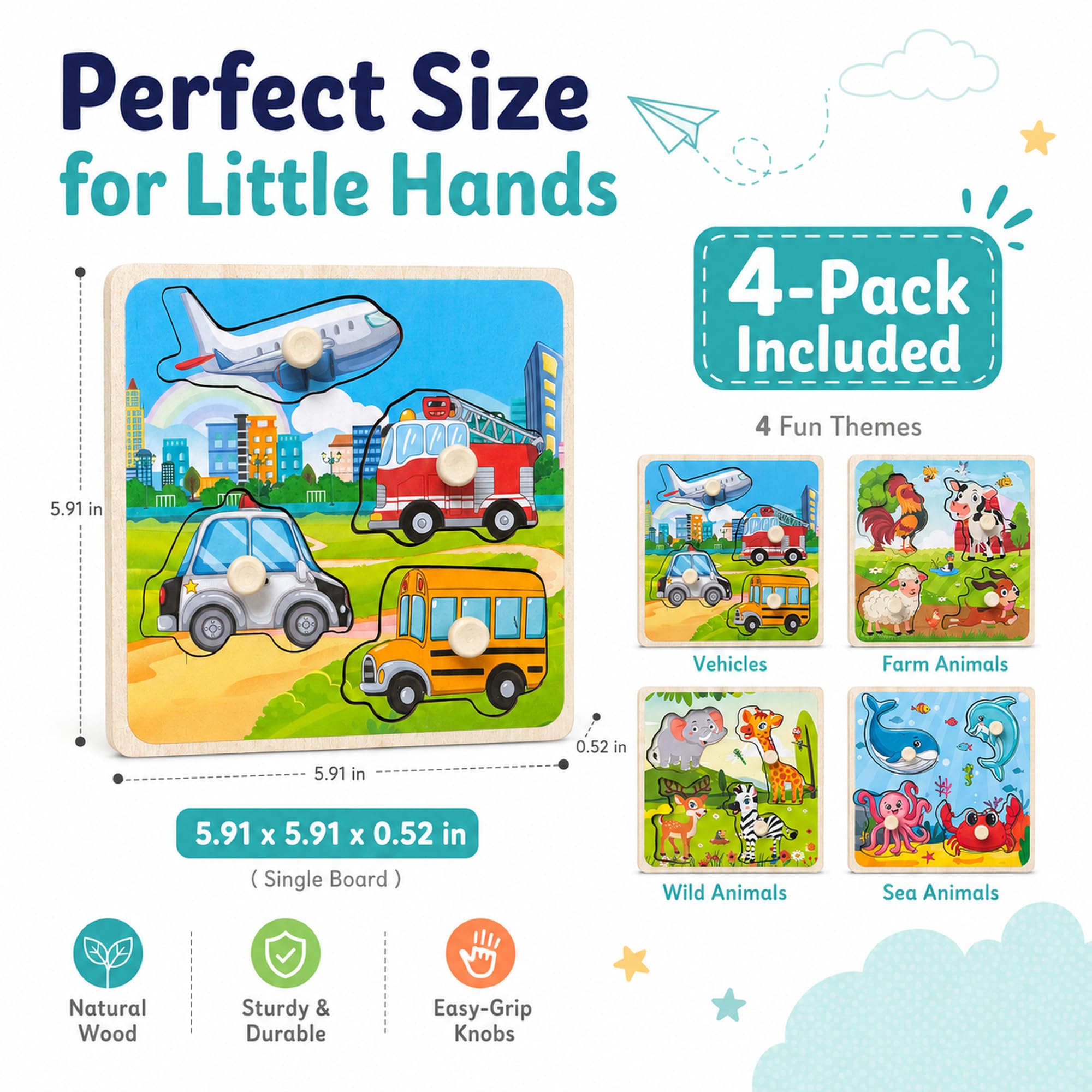Wooden Peg Puzzle Set for Toddlers, 4 Pack Animal Vehicle Ocean Farm Puzzles, Montessori Wooden Puzzles for Ages 2-4, Preschool Learning Toys for Fine Motor Skills, Gifts for Boys Girls 1 2 3 4