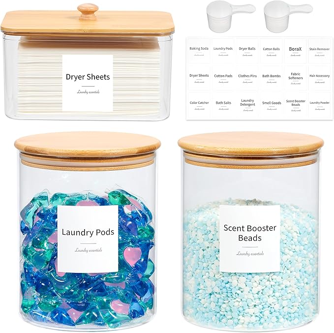 Glass Laundry Pods Container & Acrylic Dryer Sheet Holder with Bamboo Lids, Scoops & Labels | Premium Laundry Room Organization and Storage for Detergent Pods, Powder, Dryer Balls & Beads