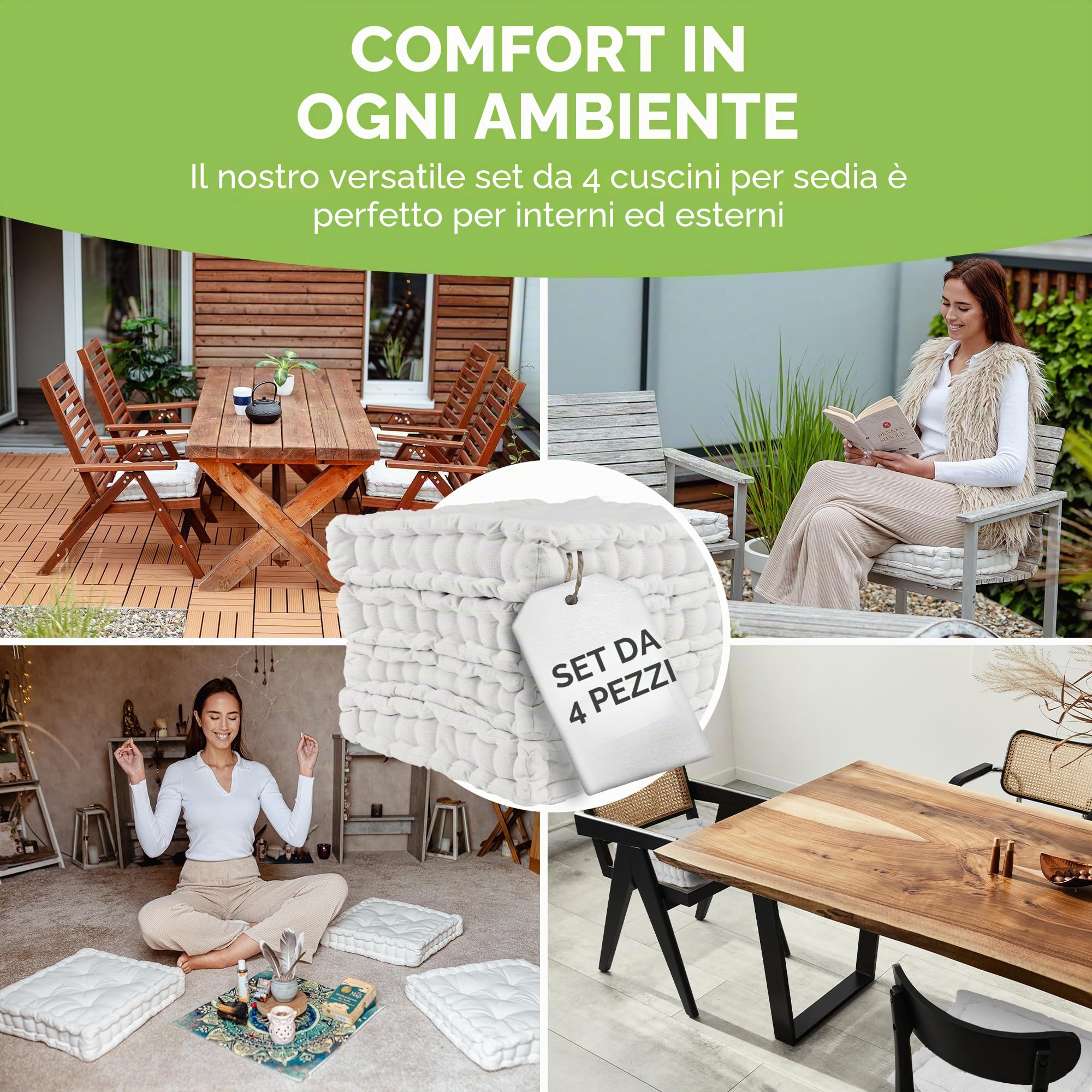 Gräfenstayn® set di 4 cuscini per sedia 40x40x8cm da interni ed esterno in 100% cotone - colori diversi - imbottitura spessa cuscino trapuntato/cuscino da pavimento (Crema)