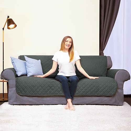 Miniatura 9 de SUBRTEX Funda de sofá biplaza para sofá de 2 cojines, protector reversible acolchado de muebles con correas elásticas, lavable para sala de estar