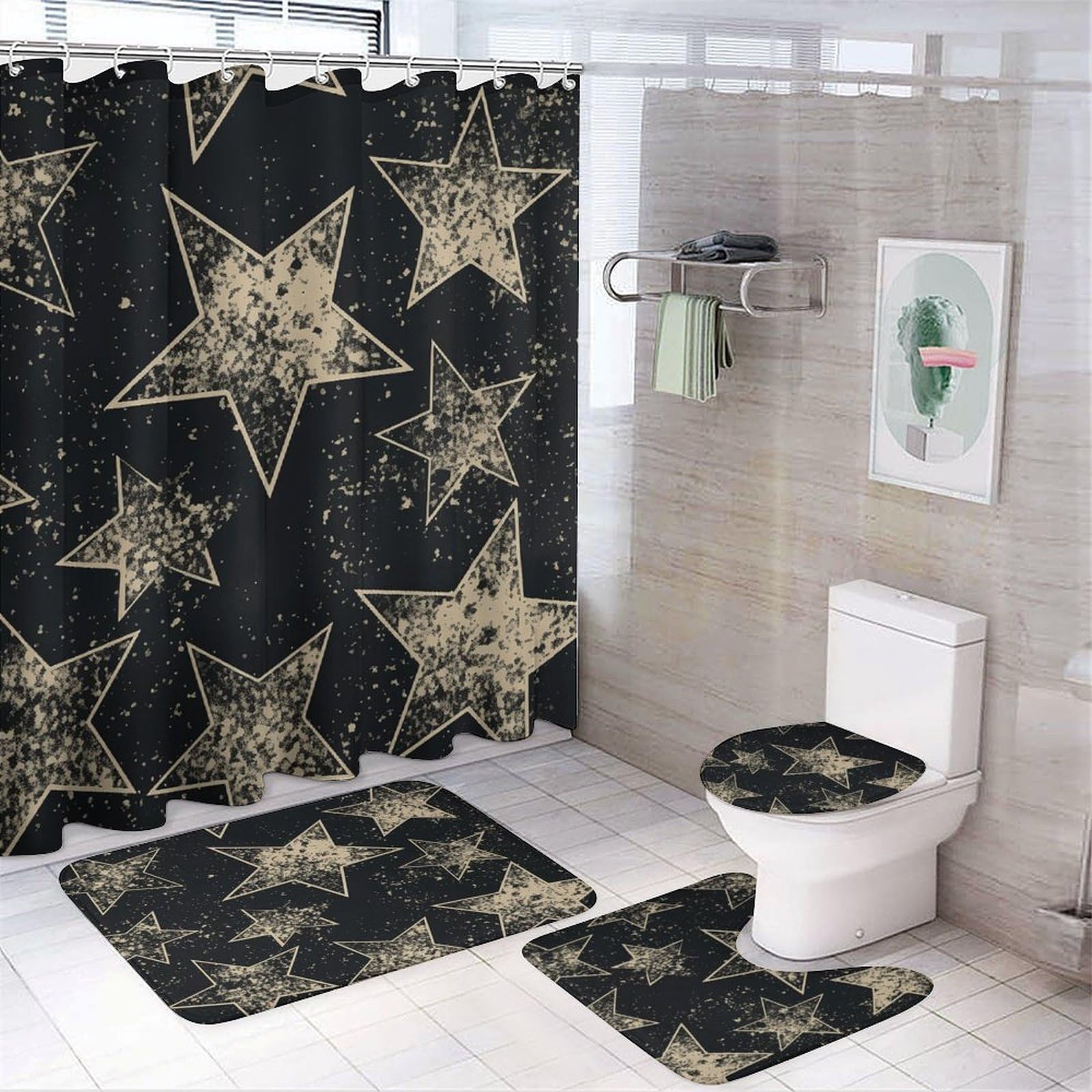 Rideau de douche étoile avec tapis de bain pour éviter les glissades