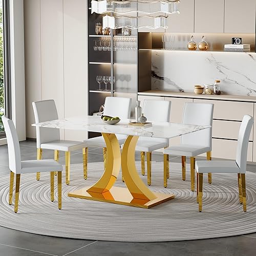 Miniatura 23 de Juego de mesa de comedor de mármol para 6, mesa moderna de plata blanca de 63 pulgadas con patas de marco de forma intercambiable y sillas