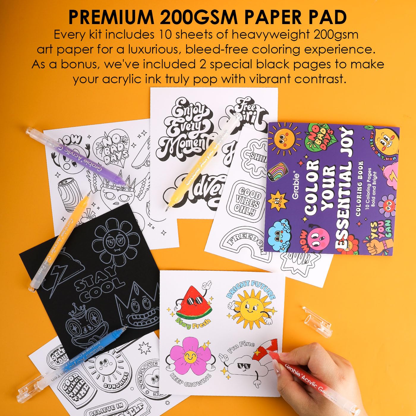 Grabie 12Colors Acrylic Gel Pens&Coloring Book, Medium Point Colored Gel Pens, Acrylic Gel Ink Pen Assorted Colored for Drawing, Note Taking, Bold&Bright Coloring Kit, Set of 12 (Sugar Rush Colors): Essential Colors