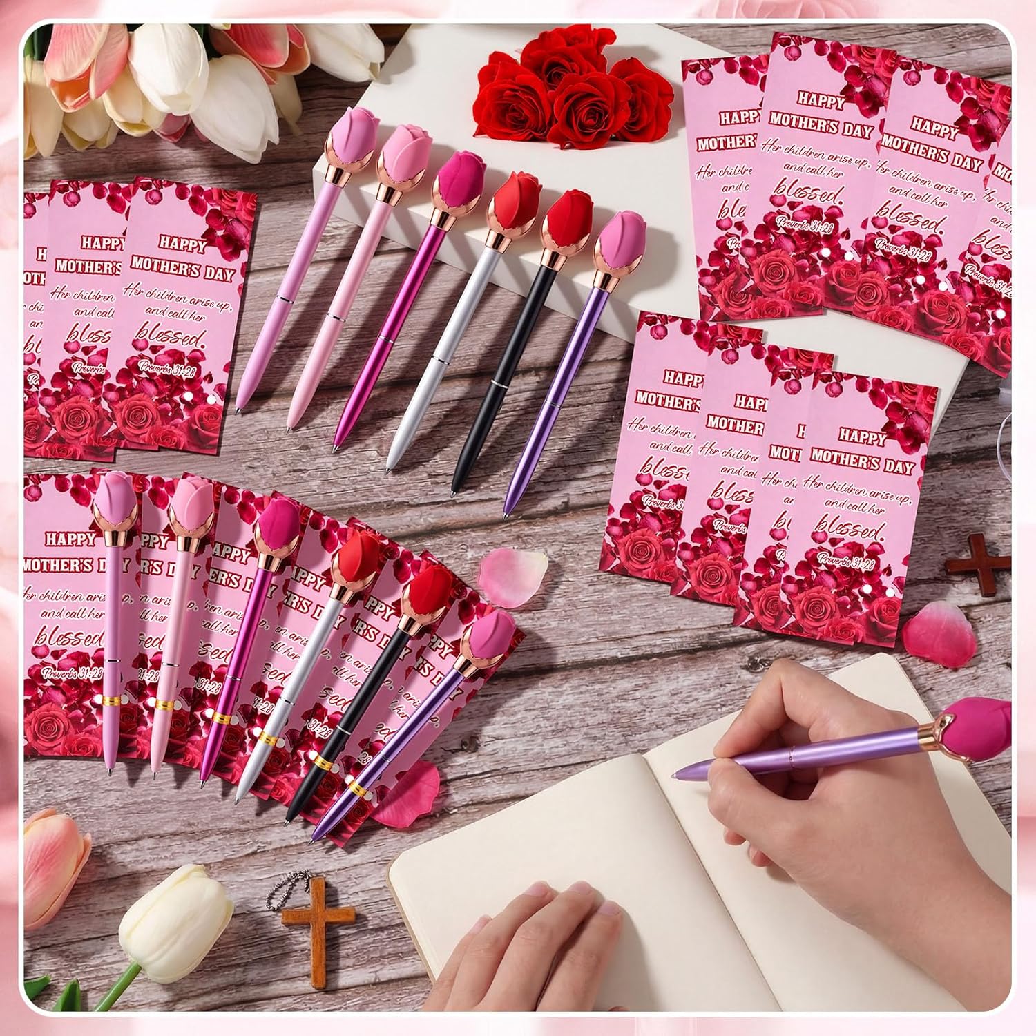 ReliThick 24 Sets Mother's Day Church Gift Bulk Rose Flower Pens God Bless Mothers Pen Proverbs 31: 28 Cards with Twist Ties Inspirational Christian Scripture Appreciation Gifts for Women, 6 Colors