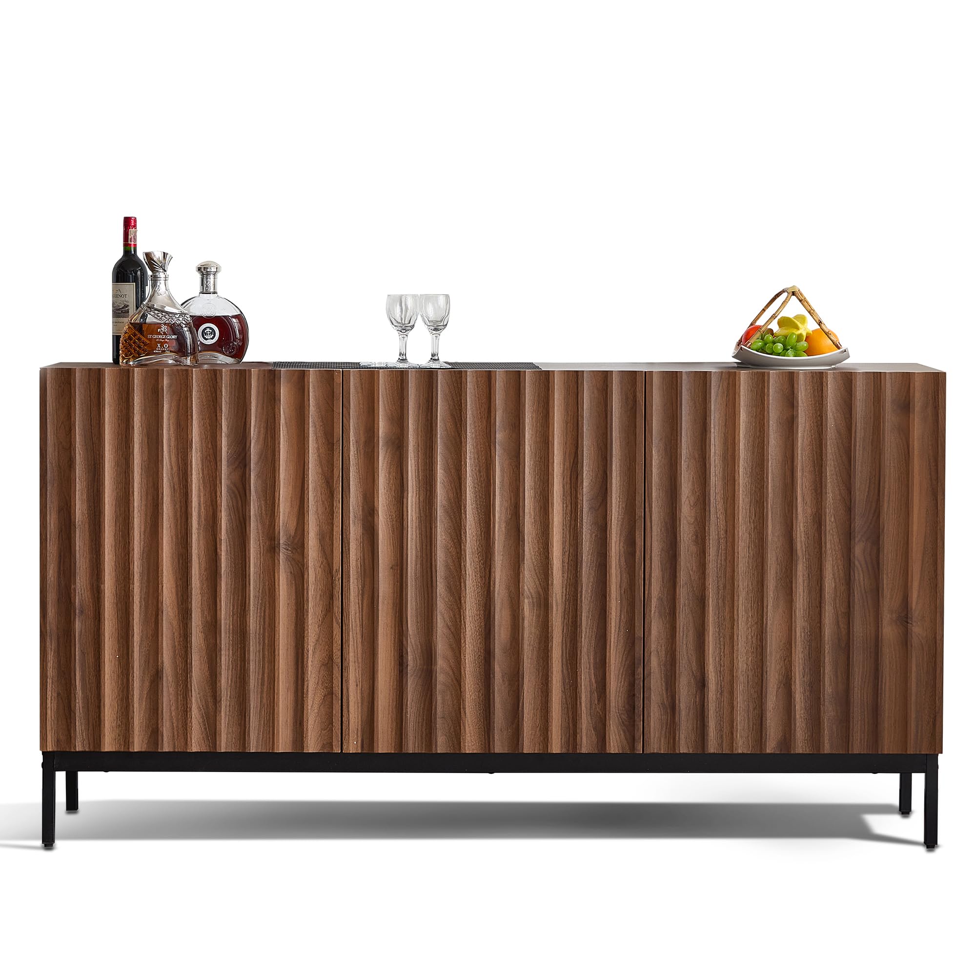 Credenza moderna Mid-Century a 3 ante, design ondulato 3D, ripiani regolabili, chiusura di sicurezza, elegante archiviazione per soggiorno, sala da pranzo, ufficio, 150 x 40 x 80 cm (marrone scuro A)