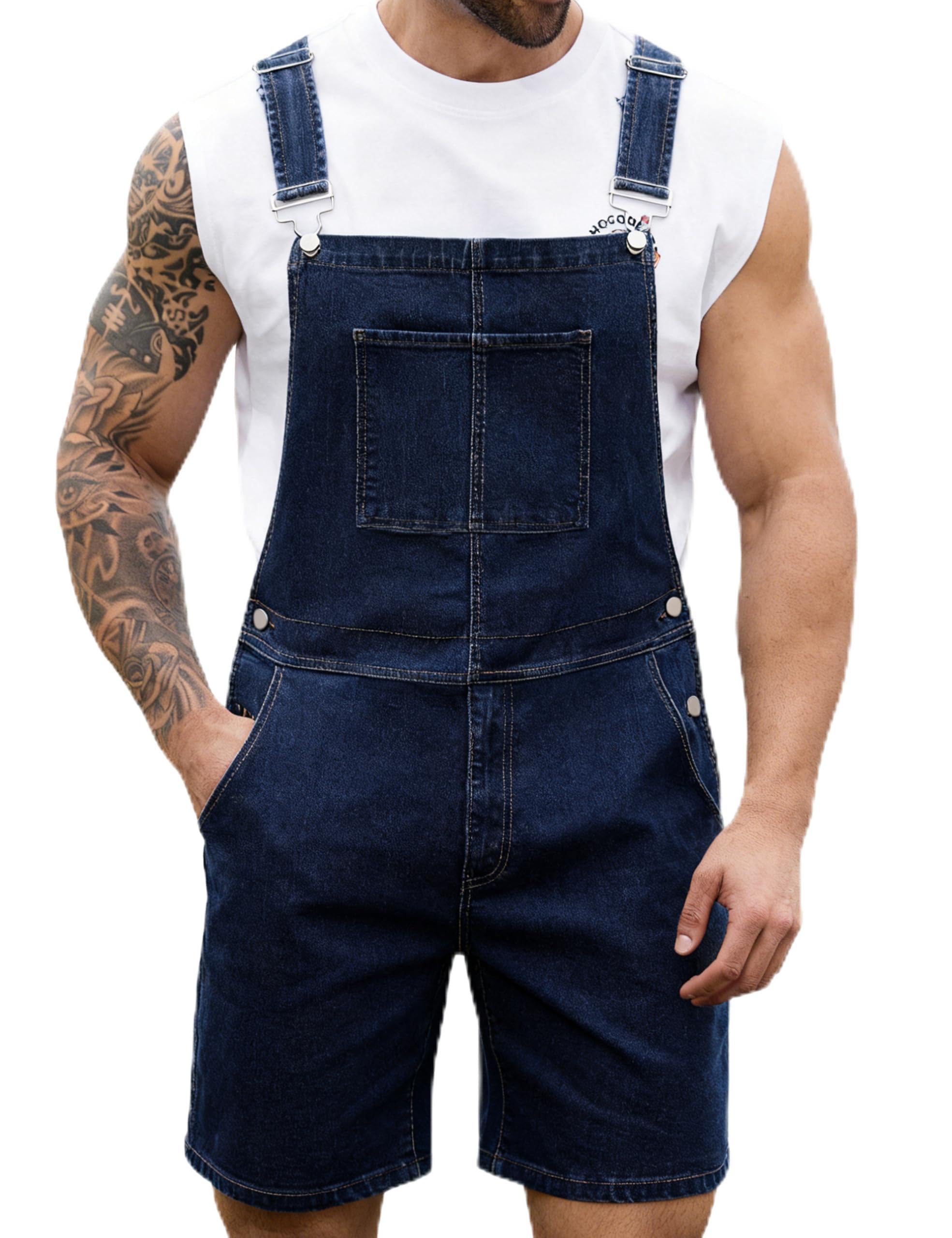Bindefon Overol de mezclilla para hombre, pantalones cortos, overol de trabajo con cremallera