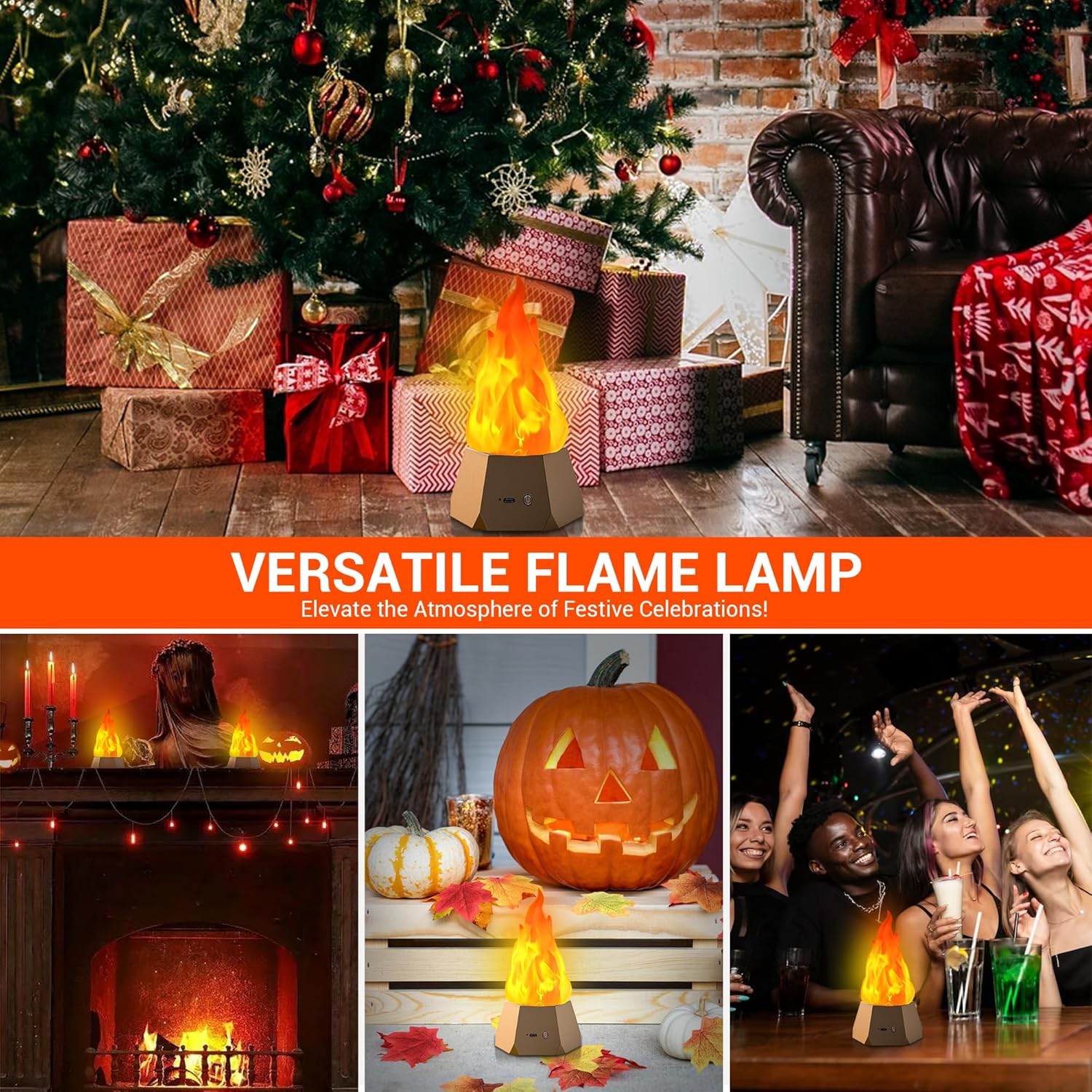 Ollcuz LED Flame Lights, Rechargeable Battery Flameless Candles, Fake Fire with Flickering Flame, LED Night Light for Kids Bedroom Outdoor Camping Party Bar Table Christmas Decorations, 2 Pack