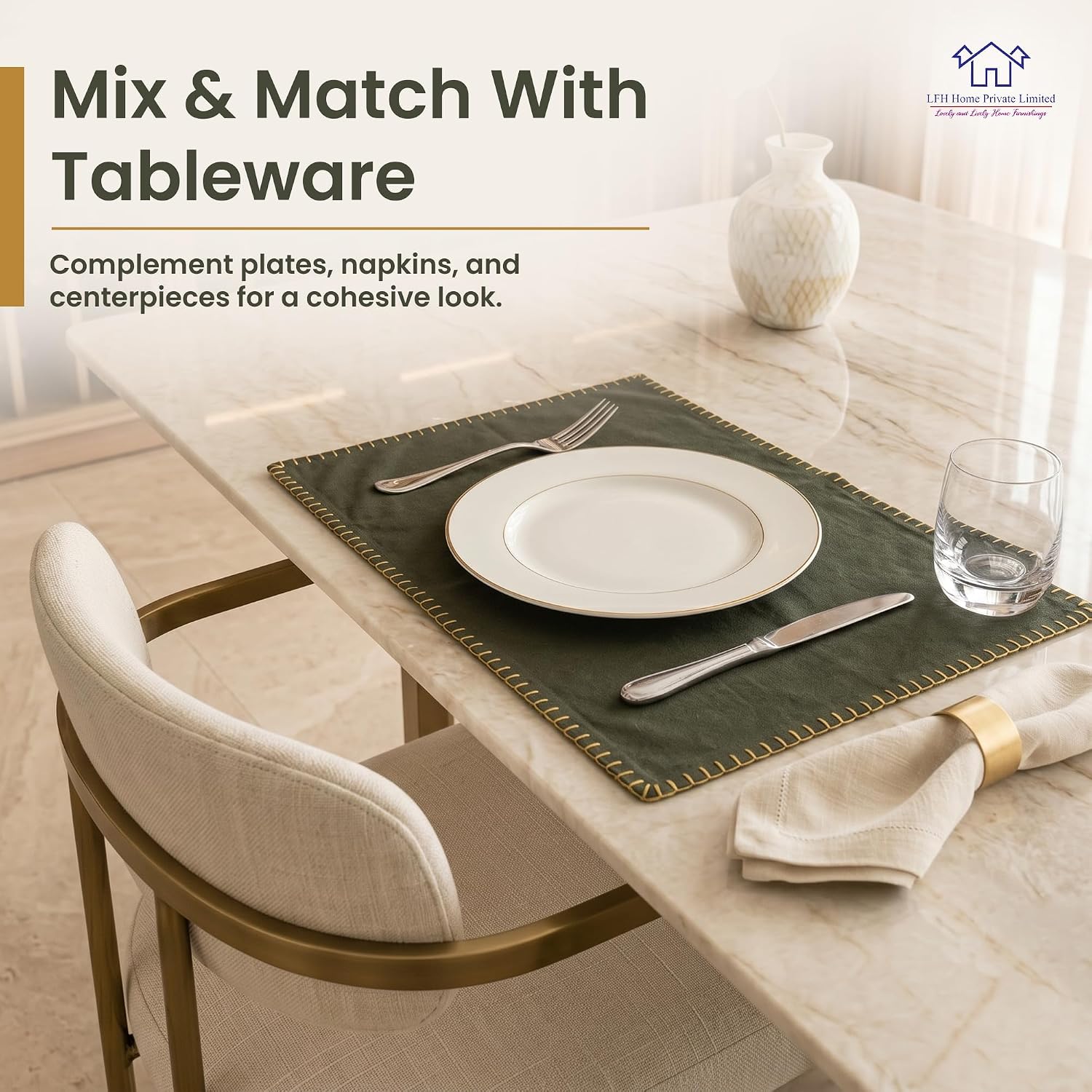 LFH Home Private Limited Cotton Rich Placemats Set 4, 13x19Inch Table Mats, Blanket Stitch,Heat Resistant Reusable Dining Placemat,Machine Washable Placemats for Kitchen & Dining Table -Military Green