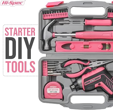 Hi-Spec 35-Piece Tool Kit with 3.6V USB Small Electric Screwdriver Set, Pink Drill Set for Women, Tool Kit for Home