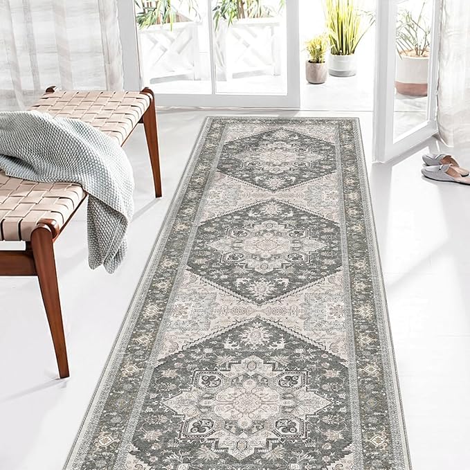 OPPODREAM Soft Entryway Rug 2x8, 2x8 Rug Runner, Washable Hallways Carpet 2 x 8 with Non Slip Backing, Low-Pile Bedside Carpet 2 x 8, Long, Faux Cashmere, Greenish Grey