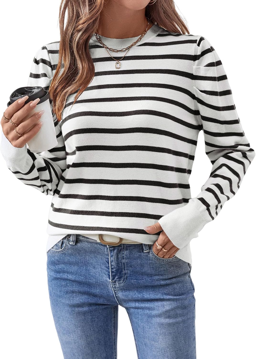 Womens Striped Sweater Fashion Puff Long Sleeve Knit Top Casual Crew Neck Pullover Sweaters
