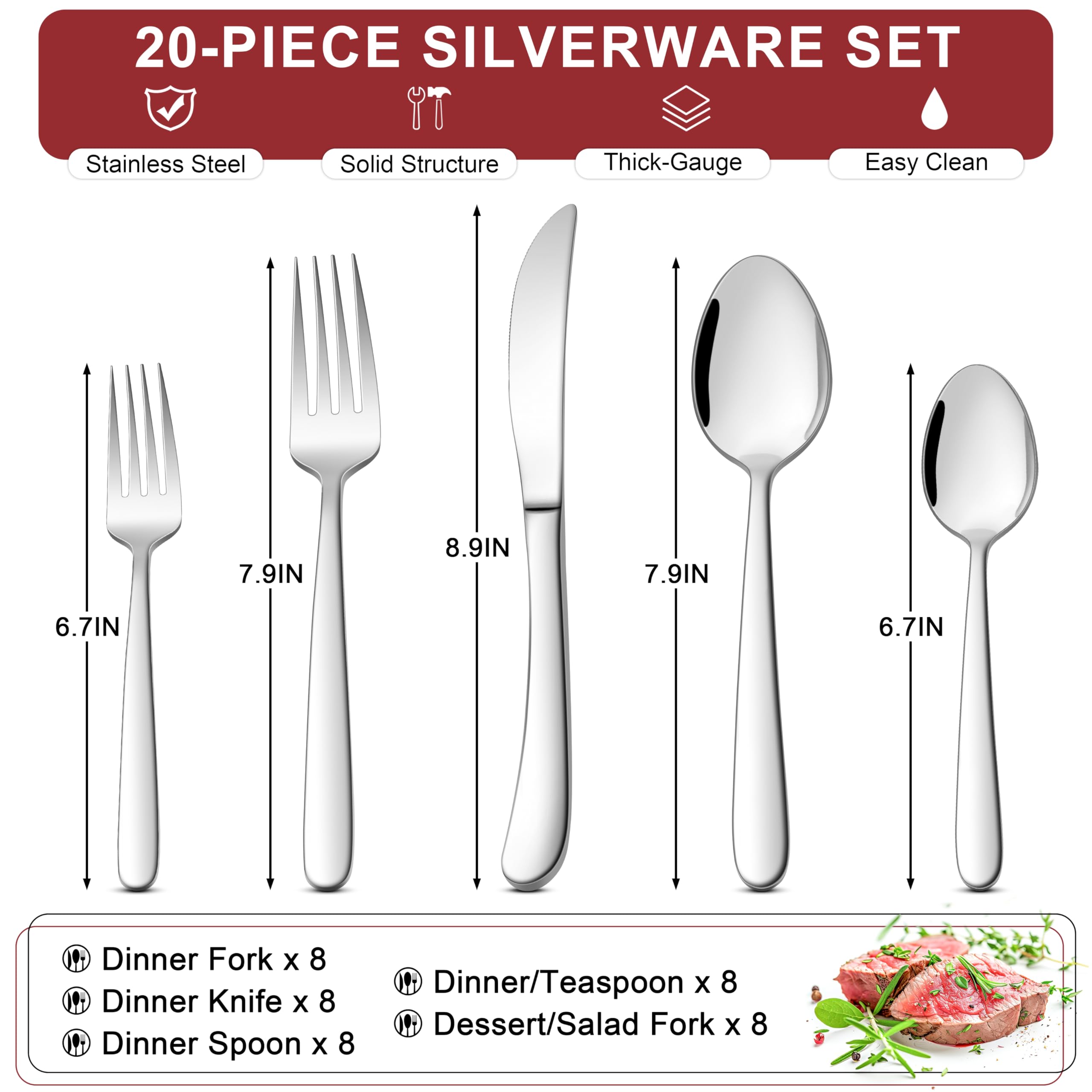 E-far Strapazierfähiges Besteck-Set für 4 Personen, 20-teiliges Edelstahl-Besteck-Set, schweres Metallgeschirr, Essutensilien für Zuhause, Restaurant, Hochzeiten, hochglanzpoliert und