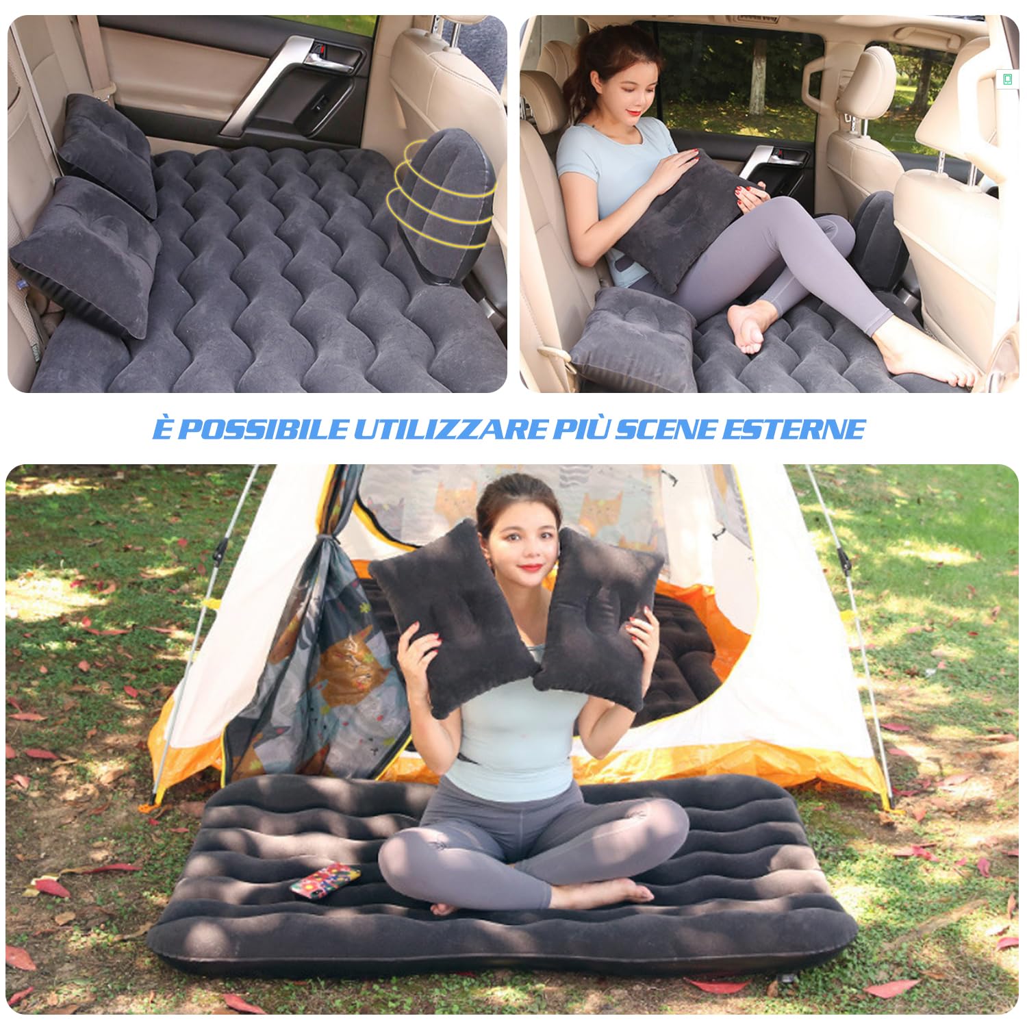 Ergocar Materassino Gonfiabile Floccaggio Materasso Letto per Auto con Pompa per Il Campeggio, Escursionismo, Piscina, Spiaggia, Viaggiare (Nero)