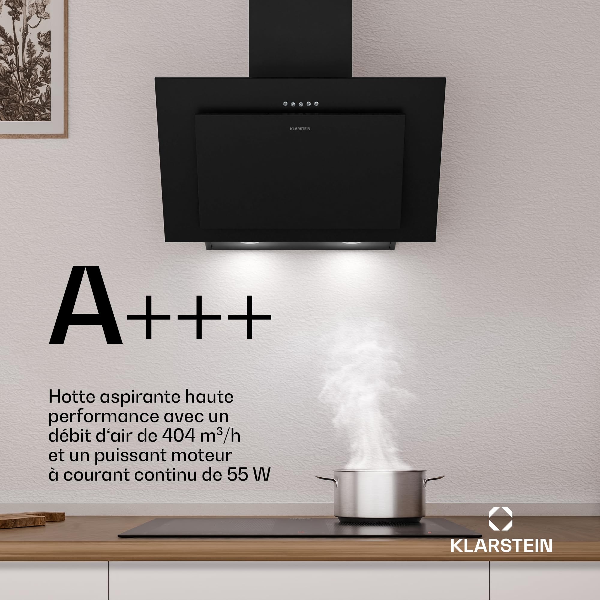 Klarstein Athena Hotte Aspirante 60 cm - Hotte Décorative Inclinée, 254 m³/h, LED, A+++, 3 Vitesses, Filtre Charbon, Silencieuse, Recyclage & Évacuation, Hotte Cuisine Moderne