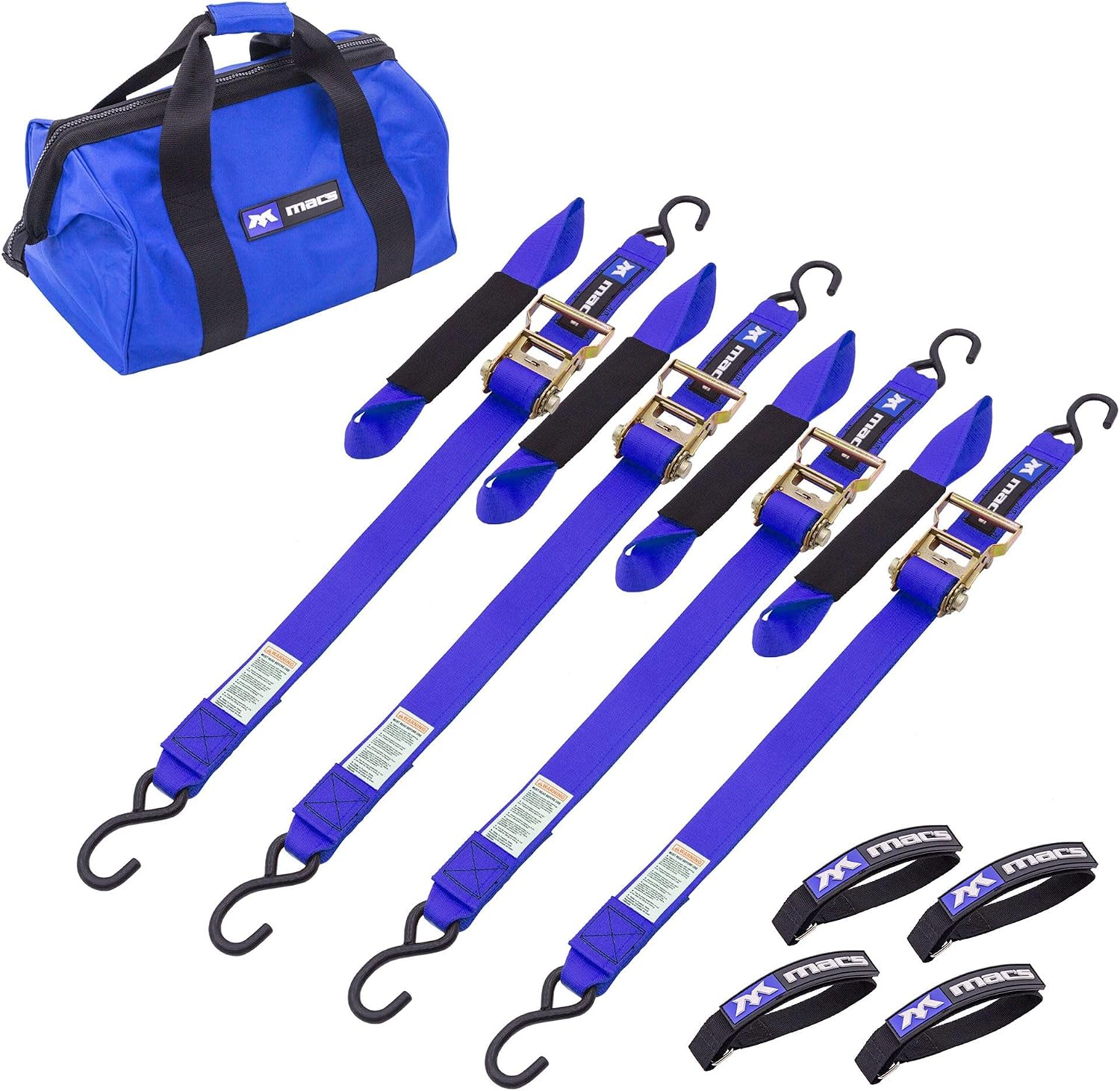 2" x 6' ATV & Motorcycle Ratchet Strap Pack - 4 Tie-Down S-Hook Straps, Soft Loops, Strap Bands & Duffle Bag - 3,335 lb. WLL - Blue