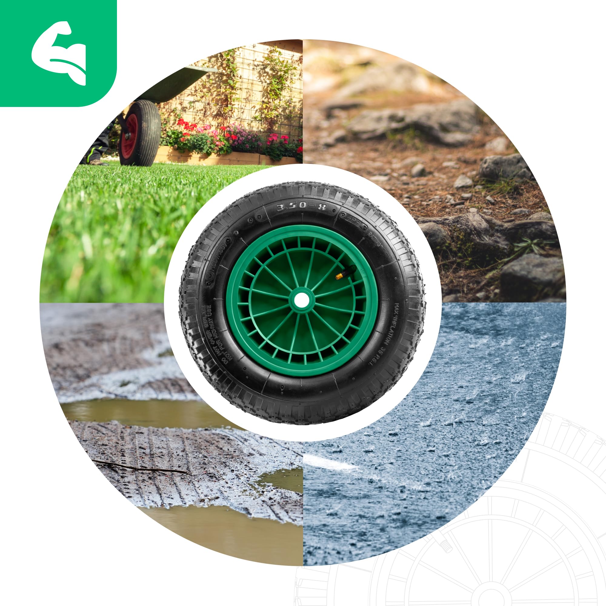 Roue de Brouette 3.50-8 - Alésage 20mm - Pneu Brouette 3.50-8 (4PR) avec Jante - Compatible pour Petites Remorques de Jardin etc. - Inclus 6 Cales en Nylon - Installation Facile et Rapide - MOOVMOOV