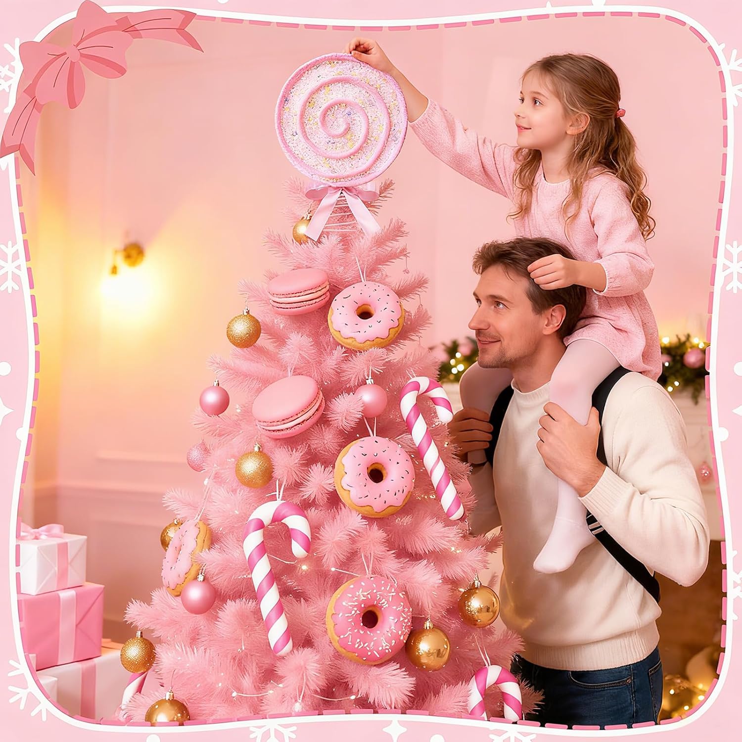 Candy Tree Topper Pastel Lollipop Tree Topper with Pink Bow 7.87 inch Sparkling Candy Cane Treetop Decoration Candy Themed Ornament for Xmas New Year Birthday Party