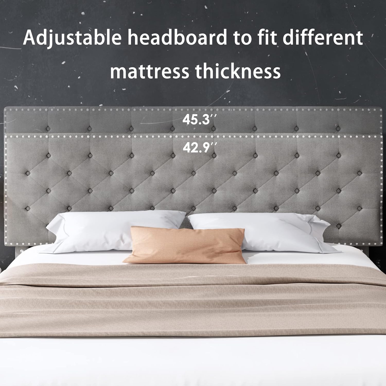 Adjustable headboard showing height options of 42.9 and 45.3 inches.