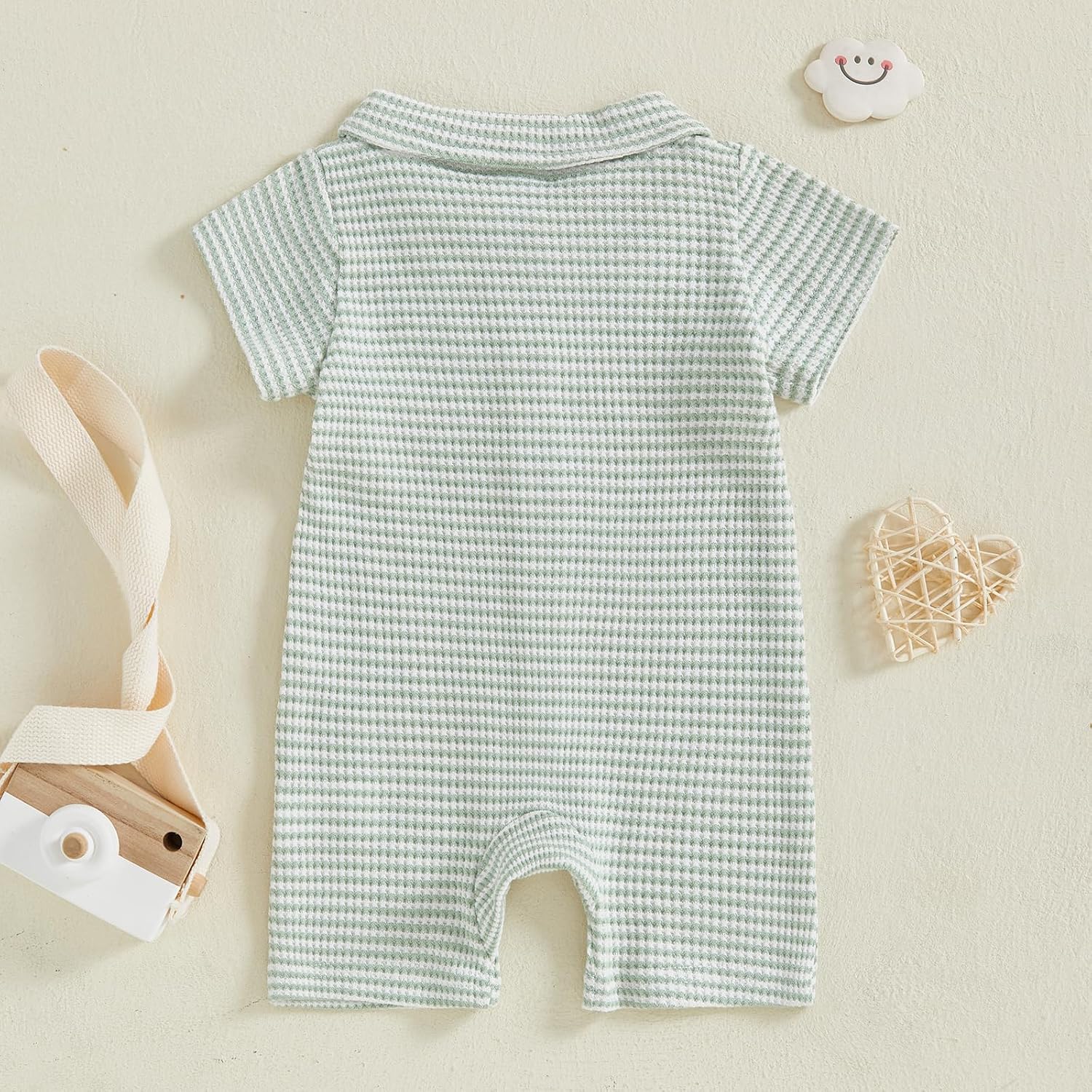 Baby Boy Stripe Romper Waffle Knit Short Sleeve Lapel Button Down Jumpsuit Bodysuit Newborn Summer Outfits
