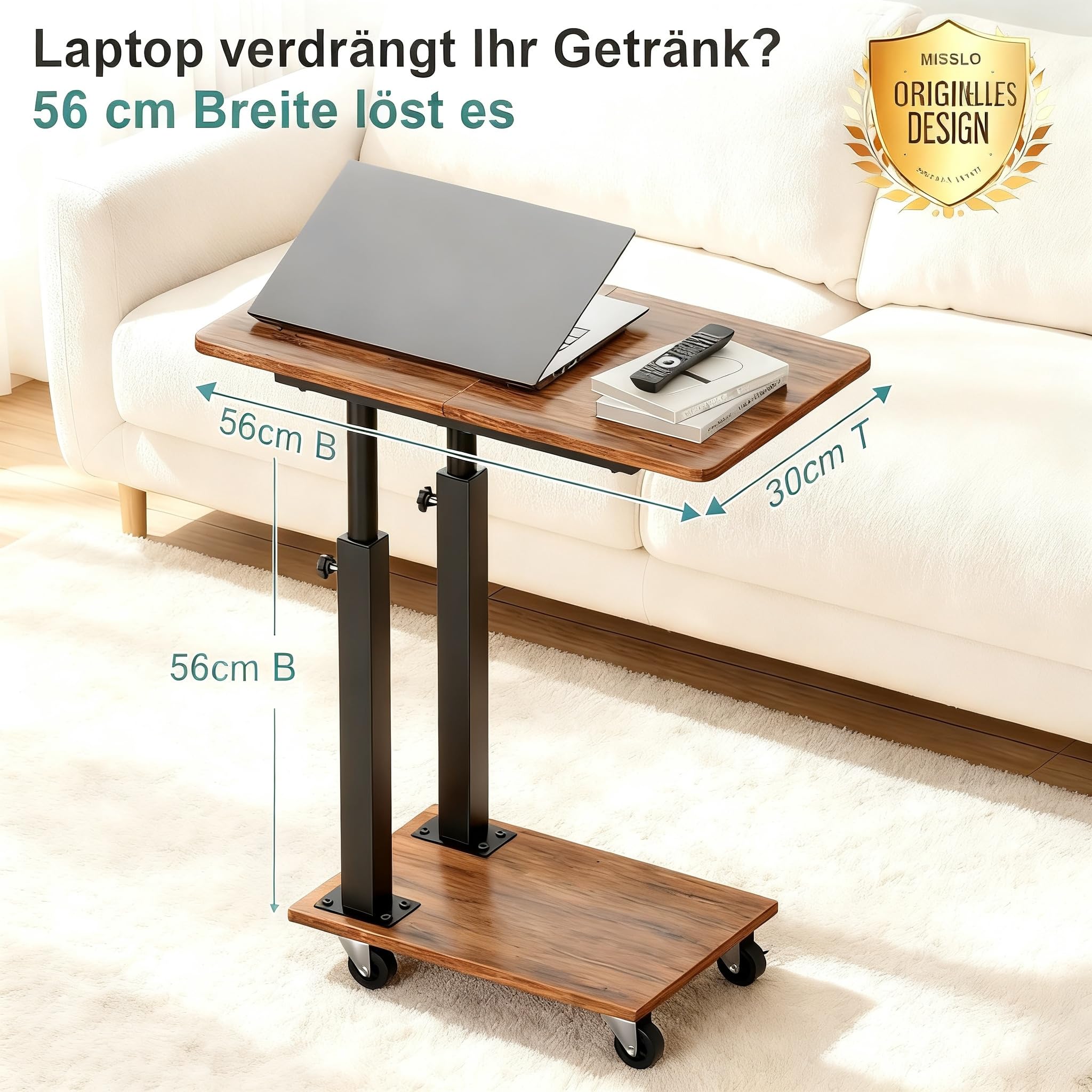 MISSLO Beistelltisch Couch Höhenverstellbar mit Rollen, Couchtisch C Form