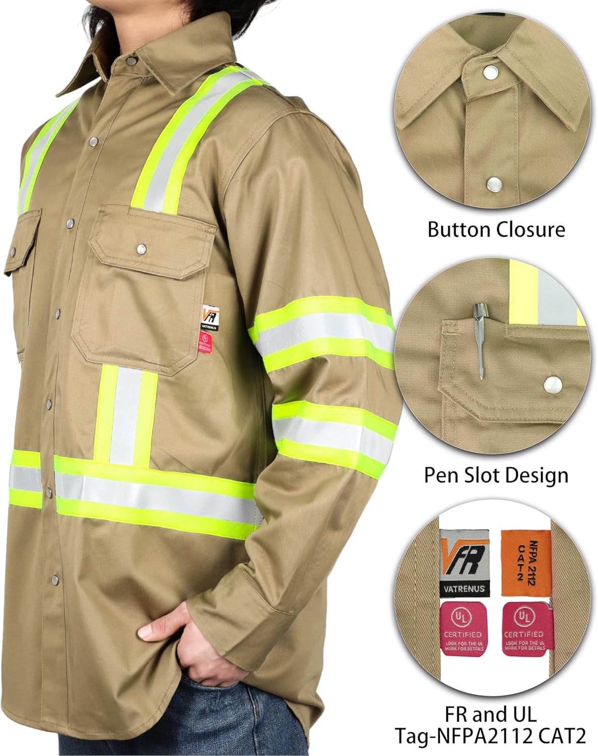 VATRENUS FR Shirt High Visibility Pearl Snaps7.5oz 100% Cotton CAT2 Flame Retardant Hi Vis Reflective Safety Shirt - Image 4