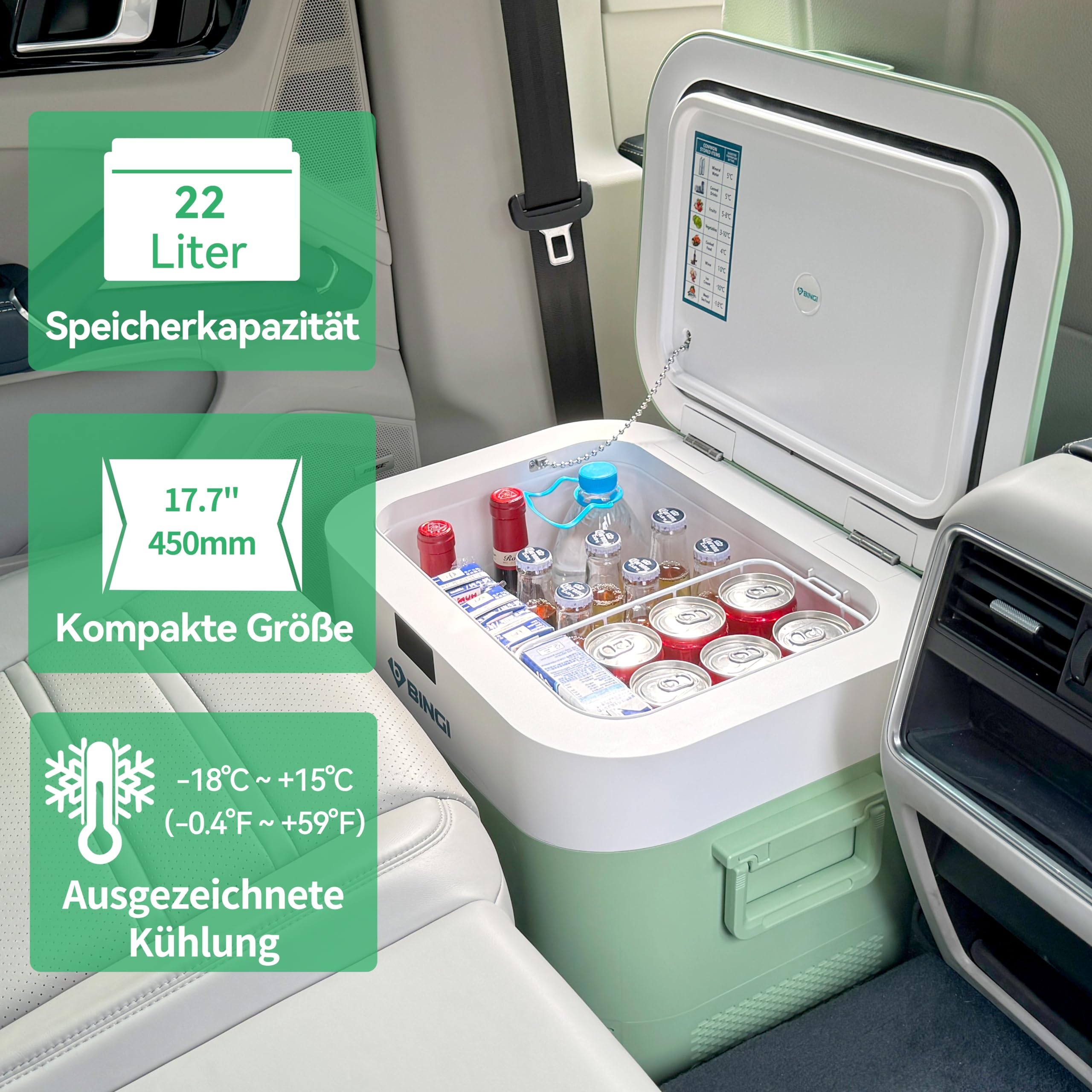 BINGI Kompressor Kühlbox 22 Liter 12/24V DC 230V AC Mini Gefrierschrank Auto Camping Wohnmobil